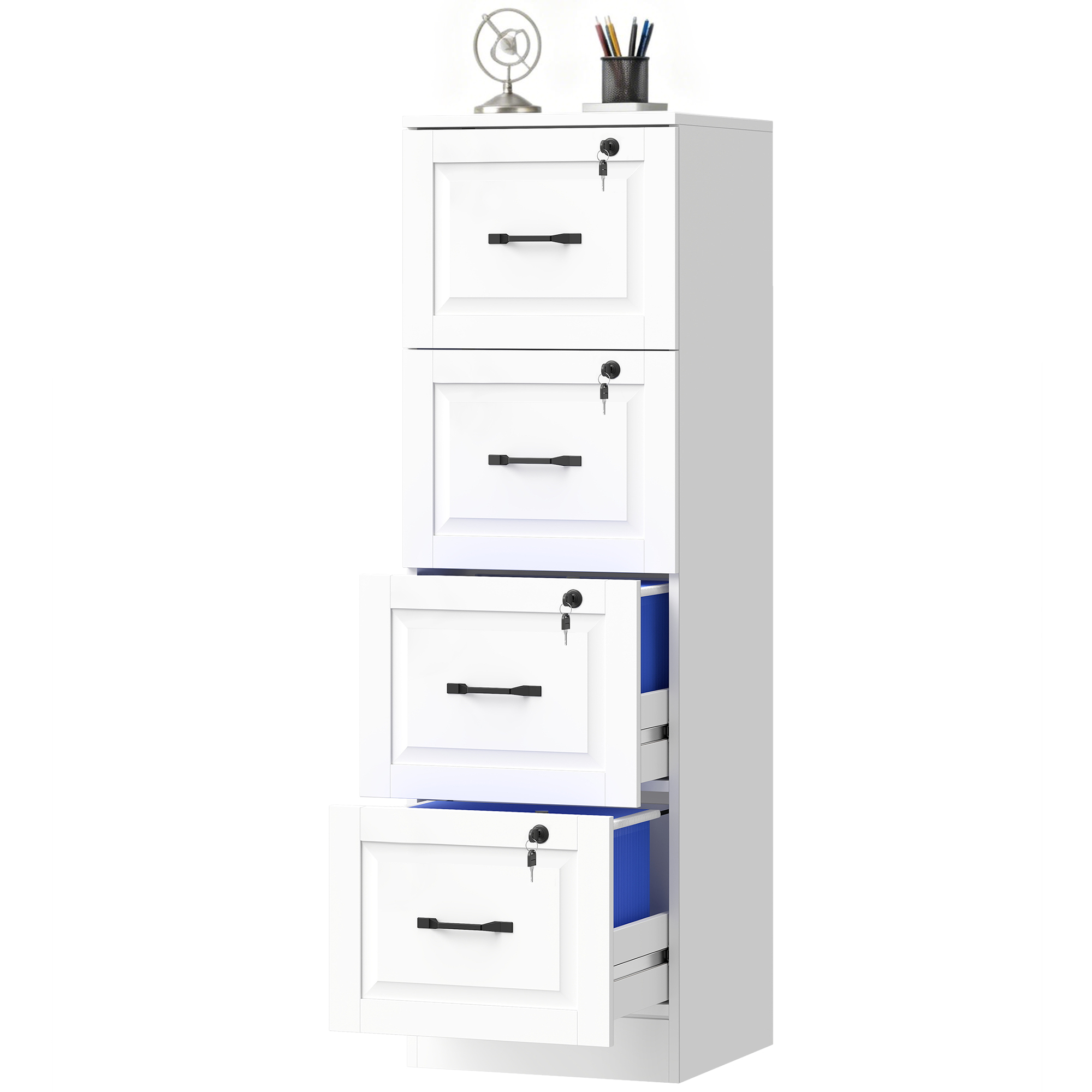 Vertical Document Organizer Unit with Adjustable-Height Hanging Bars for A4 and Letter Size, 4 Organizer Drawer File Organizer Unit with Locking, White 1