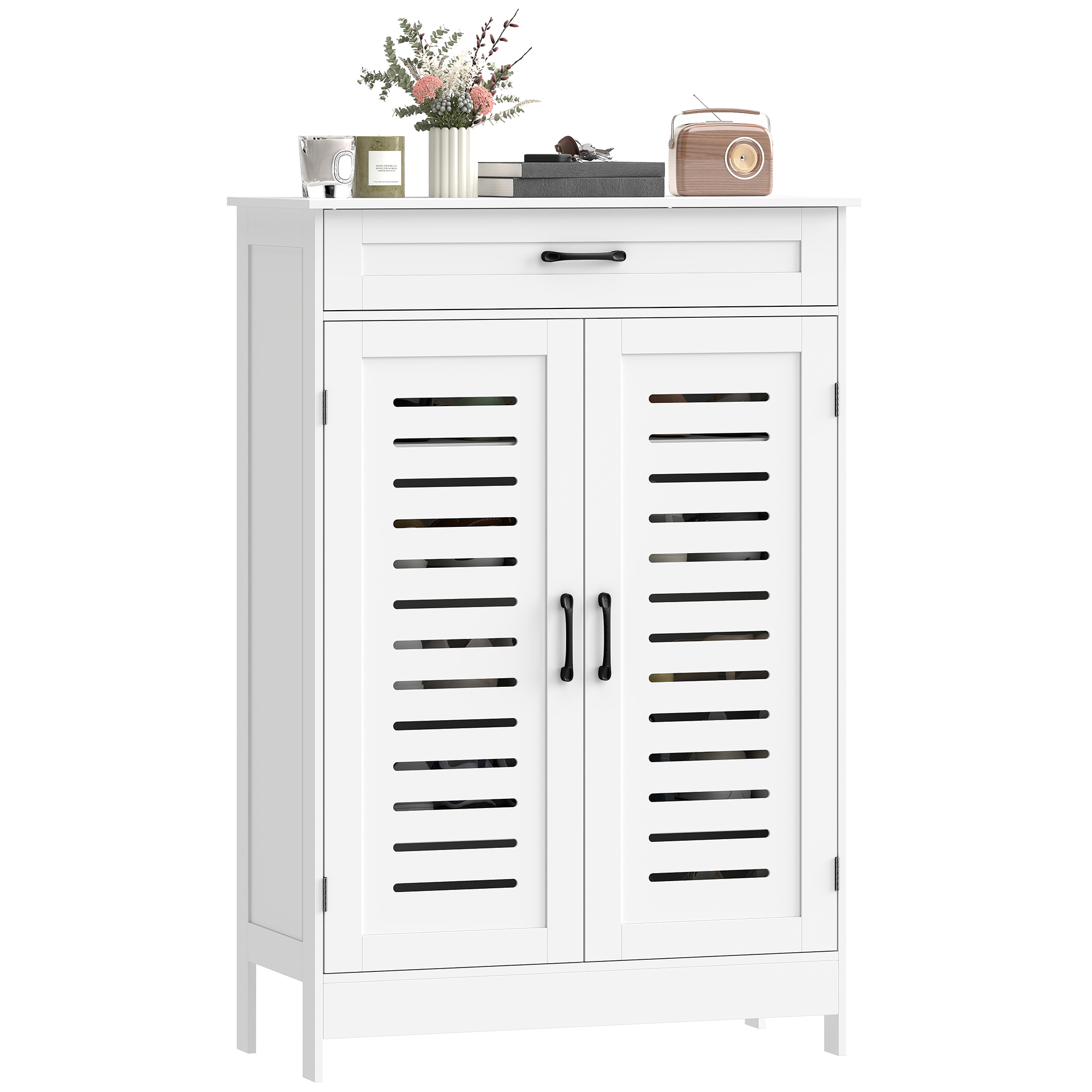 Modern Footwear Organizer Organizer Unit with Organizer Drawer and Adjustable-Height Shelves, Footwear Organizer Unit with Louvered Doors, White 1