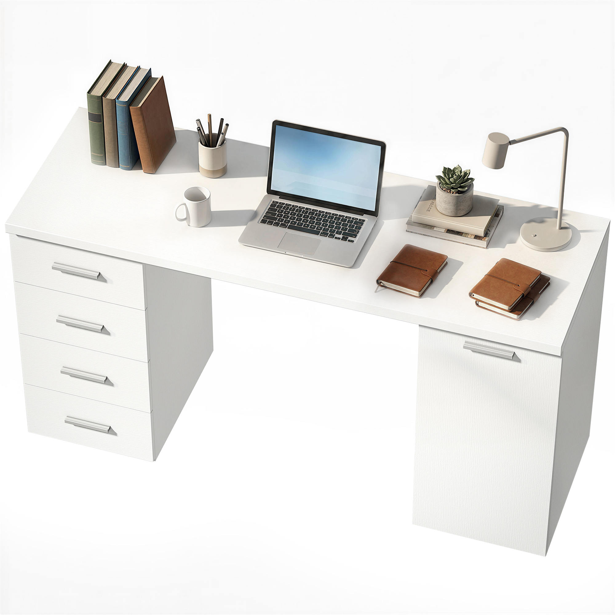 140 cm PC Work Table with Adjustable-Height Shelving Home Workspace Work Table with Drawers and Organizer Unit White Wood Grain 1