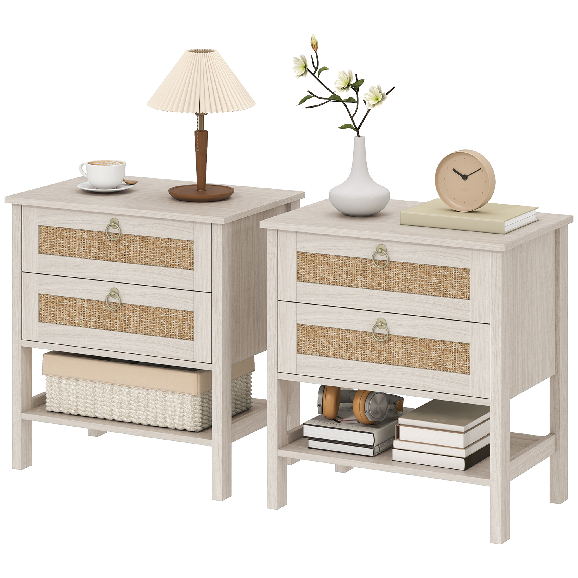 Rattan Nightstands with 2 Drawers, Set of 2 Boho Bedside Tables, Organizer Shelving, End Side Tables for Bedroom, White Oak 1