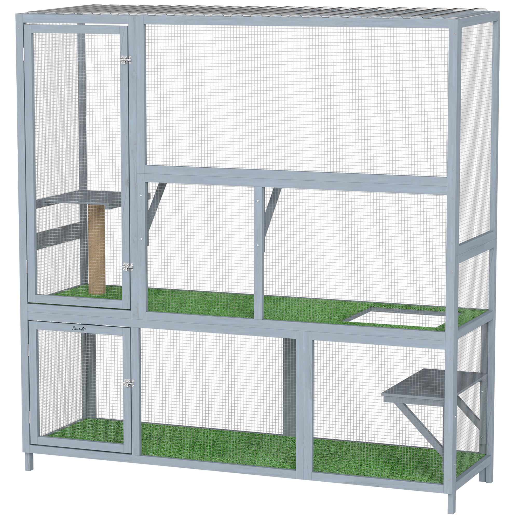 77" H Wooden Feline House with Weatherproof Roof, Catio Outside Feline Enclosure, Platforms and Scratching Post 1