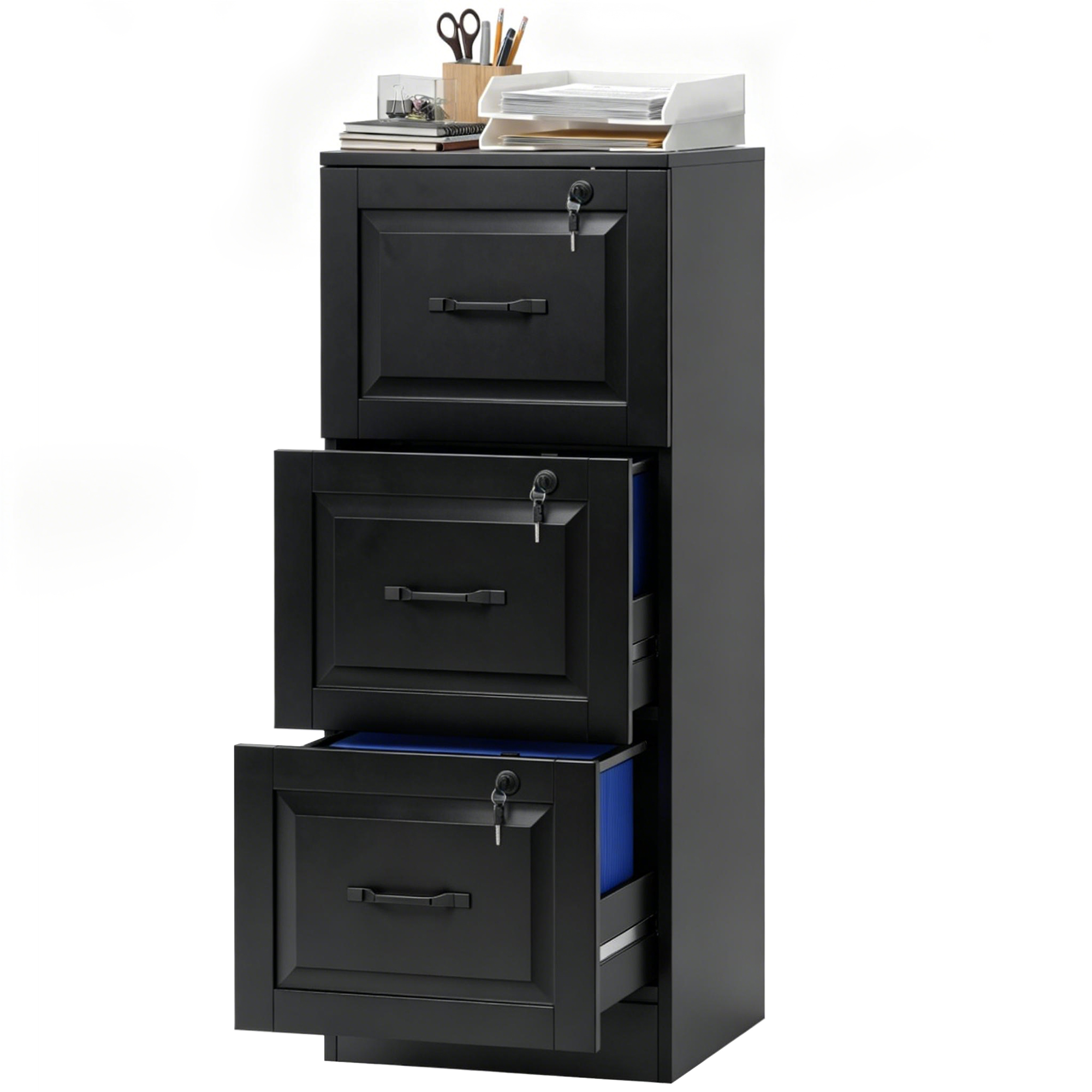 Vertical Document Organizer Unit with Adjustable-Height Hanging Bars for A4 and Letter Size, 3 Organizer Drawer File Organizer Unit with Locking, Black 1