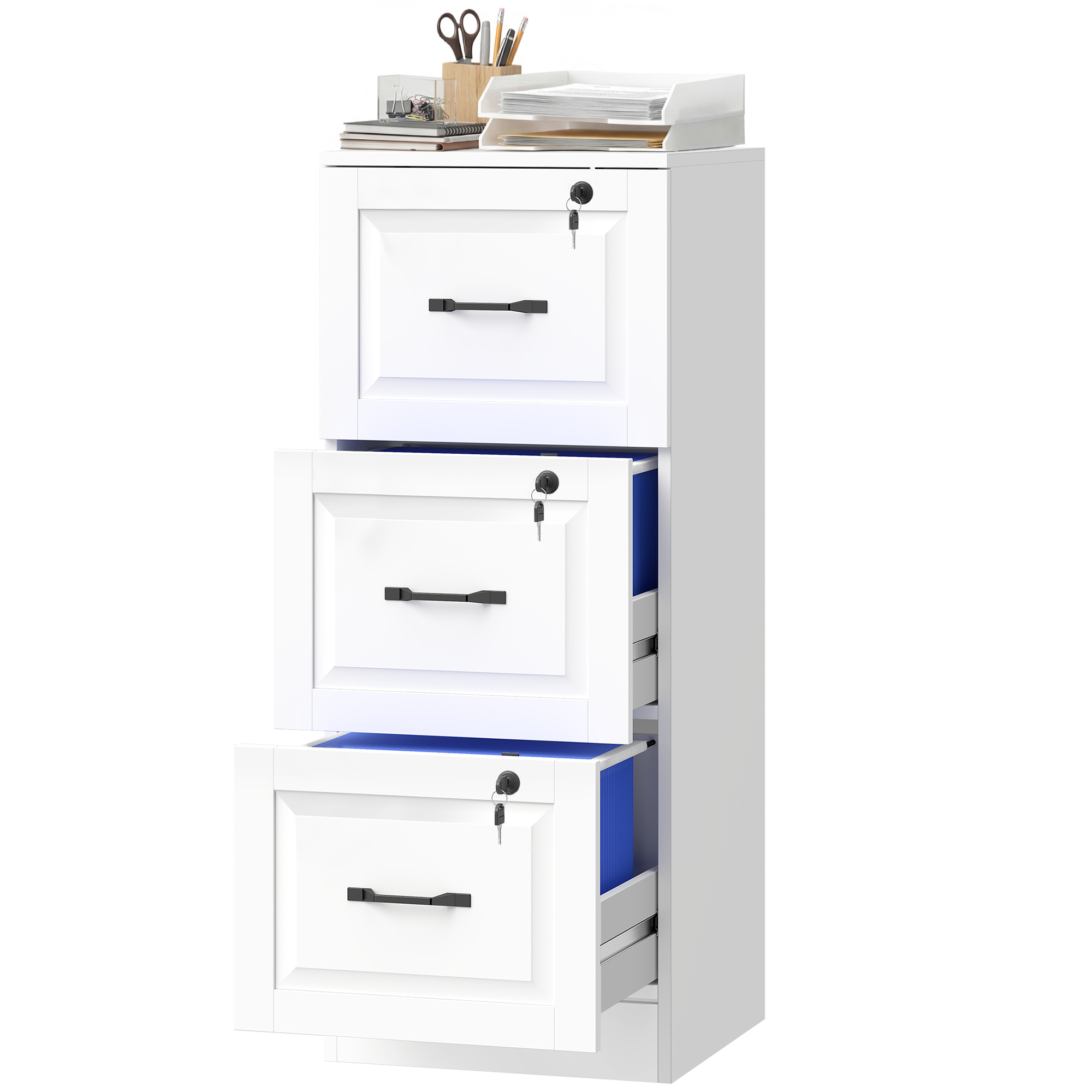 Vertical Document Organizer Unit with Adjustable-Height Hanging Bars for A4 and Letter Size, 3 Organizer Drawer File Organizer Unit with Locking, White 1