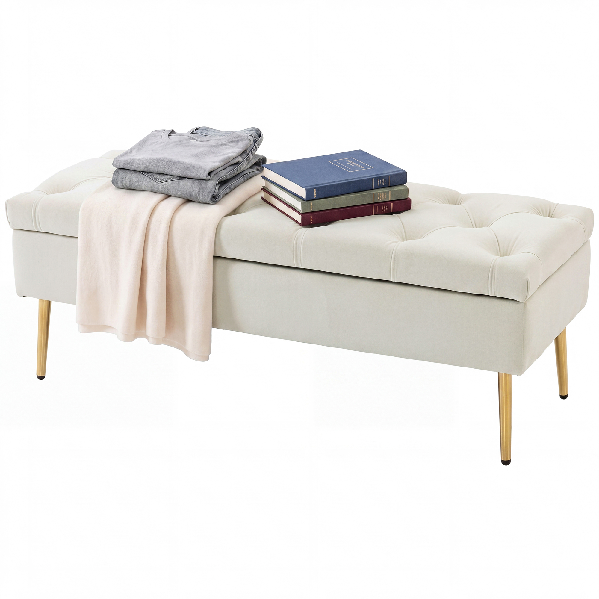 Velvet Tufted and Thick Padding, Upholstered Bedroom Seating Bench with Gold Tone Metal Legs, Beige 1