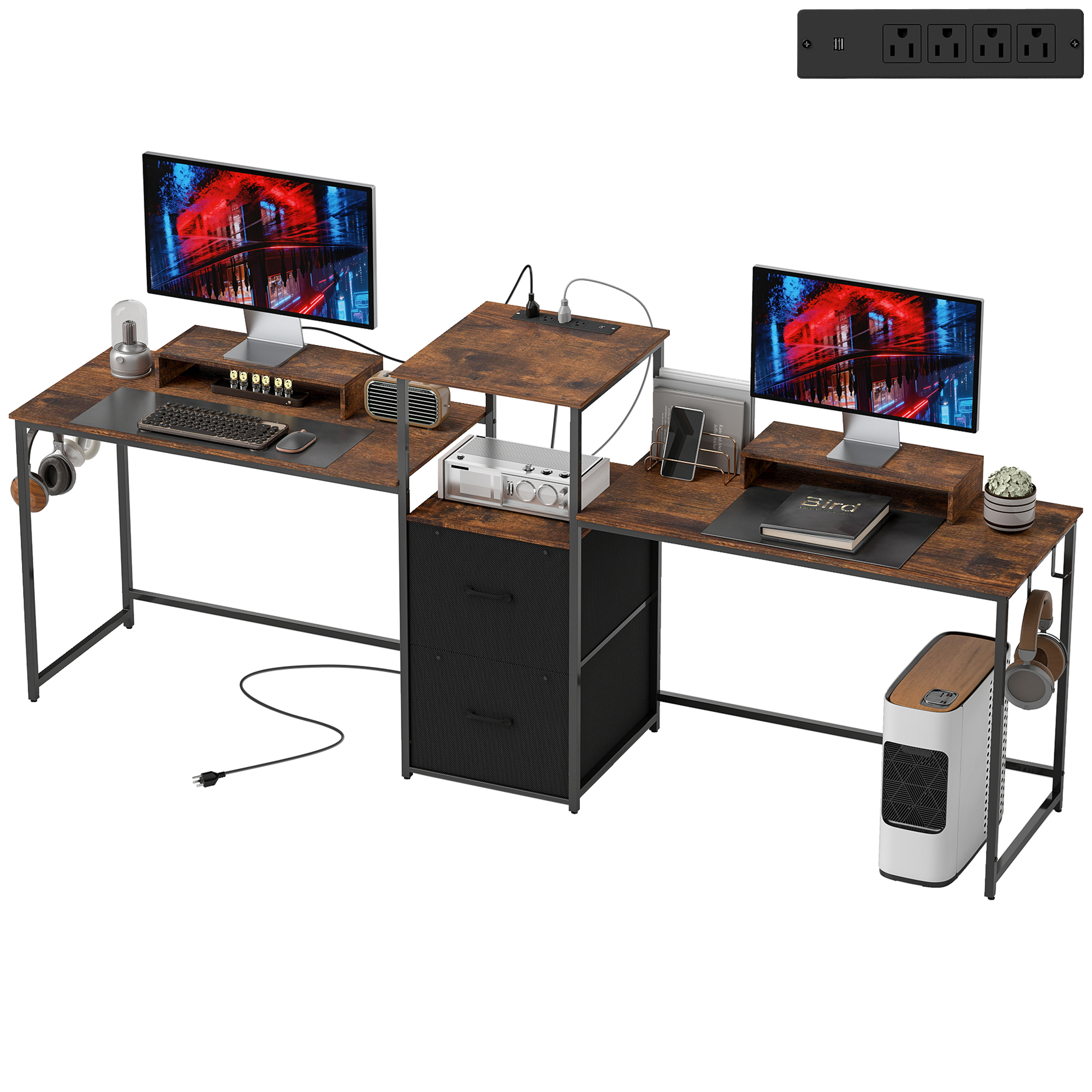 Dual PC Work Table for 2 Person with Power Outlets and Monitor Stands, 96 Inch Gaming Work Table, Rustic Brown 1