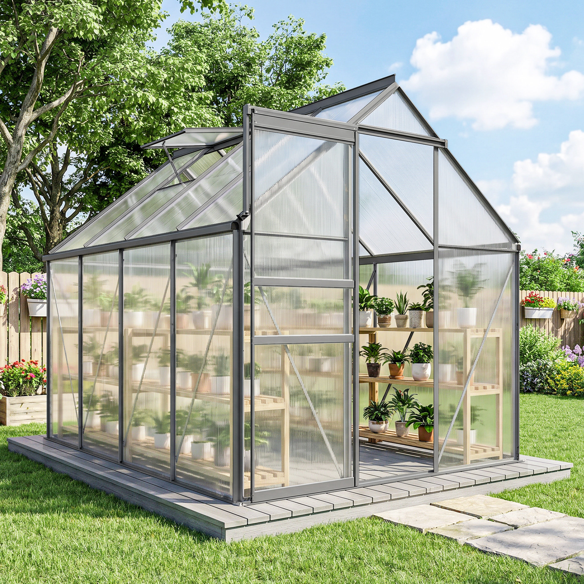 Outsunny 6' x 8' Polycarbonate Greenhouse, Walk In Green House w/ Adjustable Roof Vent, Galvanized Base & Sliding Door, Charcoal Grey Aosom Canada