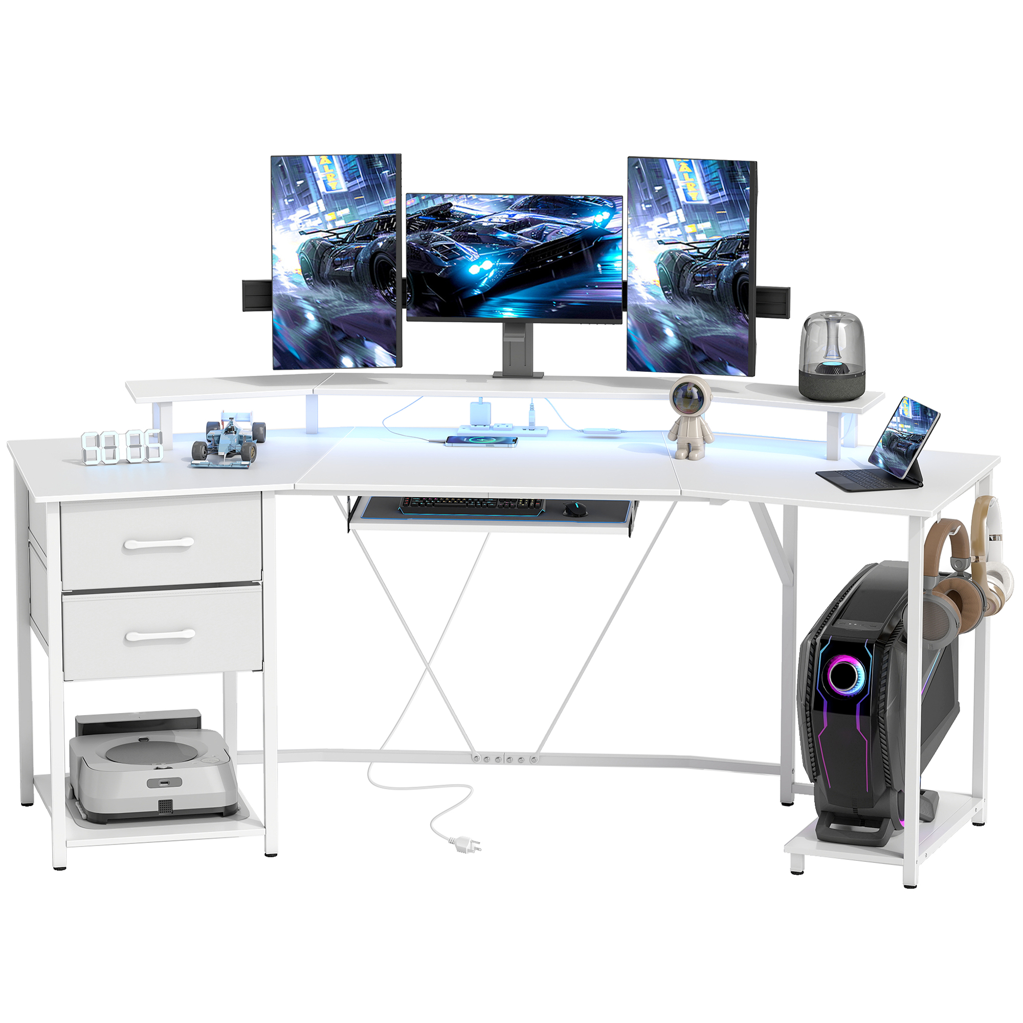 PC Surface with Power Outlets & USB Ports, 79 inch Gaming Work Table with RGB Lights, Keyboard Tray and 2 Drawers, White 1