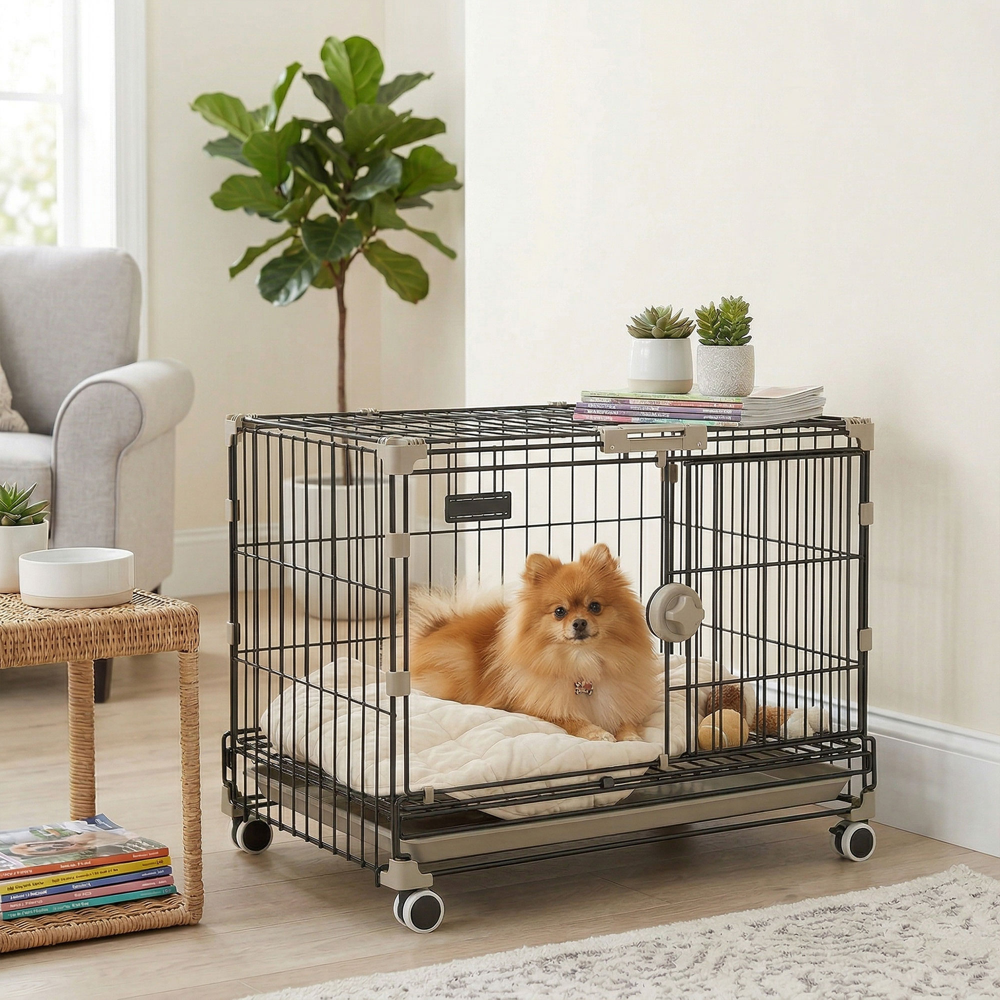 PawHut Foldable Dog Crate, 24 Inch Metal Dog Cage with Removable Tray, Lockable Wheels, 2 Doors for Small Medium Breeds, Black Aosom Canada