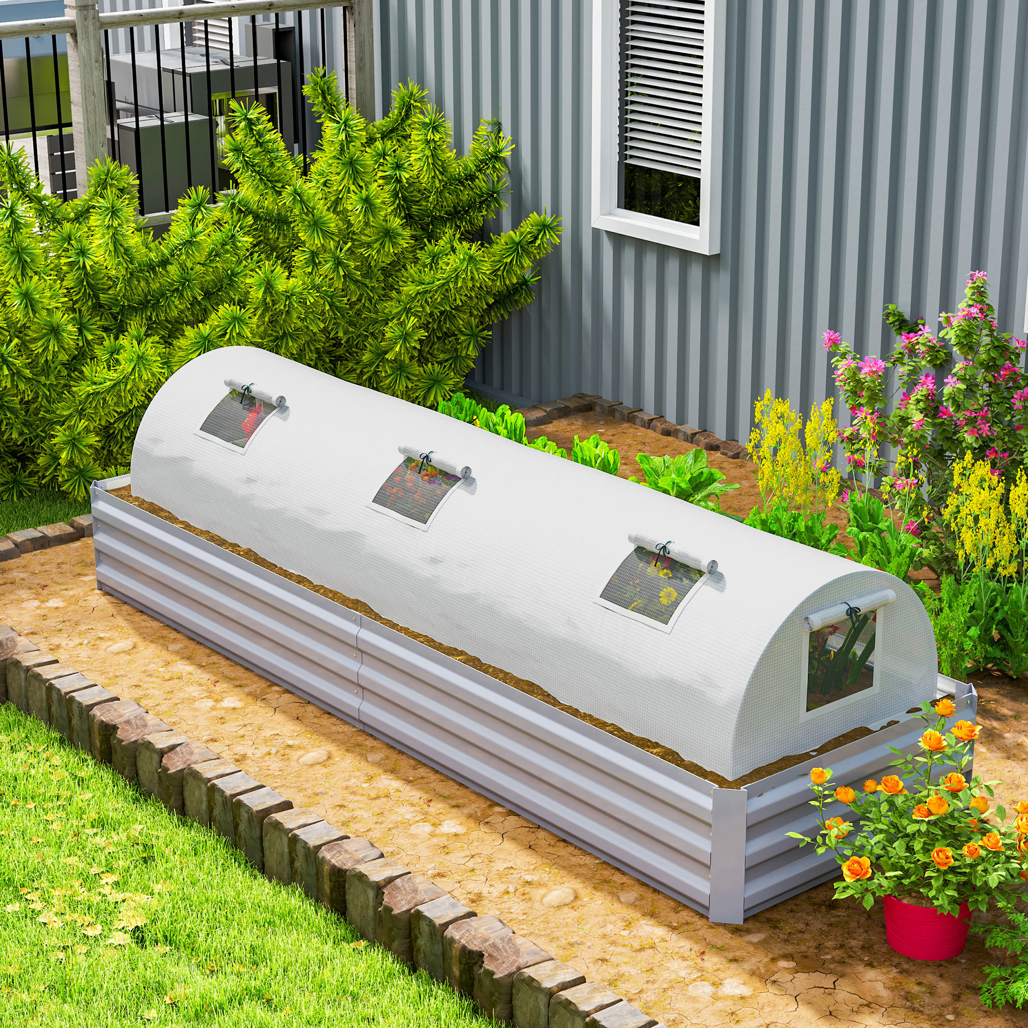 Outsunny Portable Mini Greenhouse, Tunnel Growing Tent with 5 Mesh Windows and Steel Frame,10' x 3' x 2', White Aosom Canada