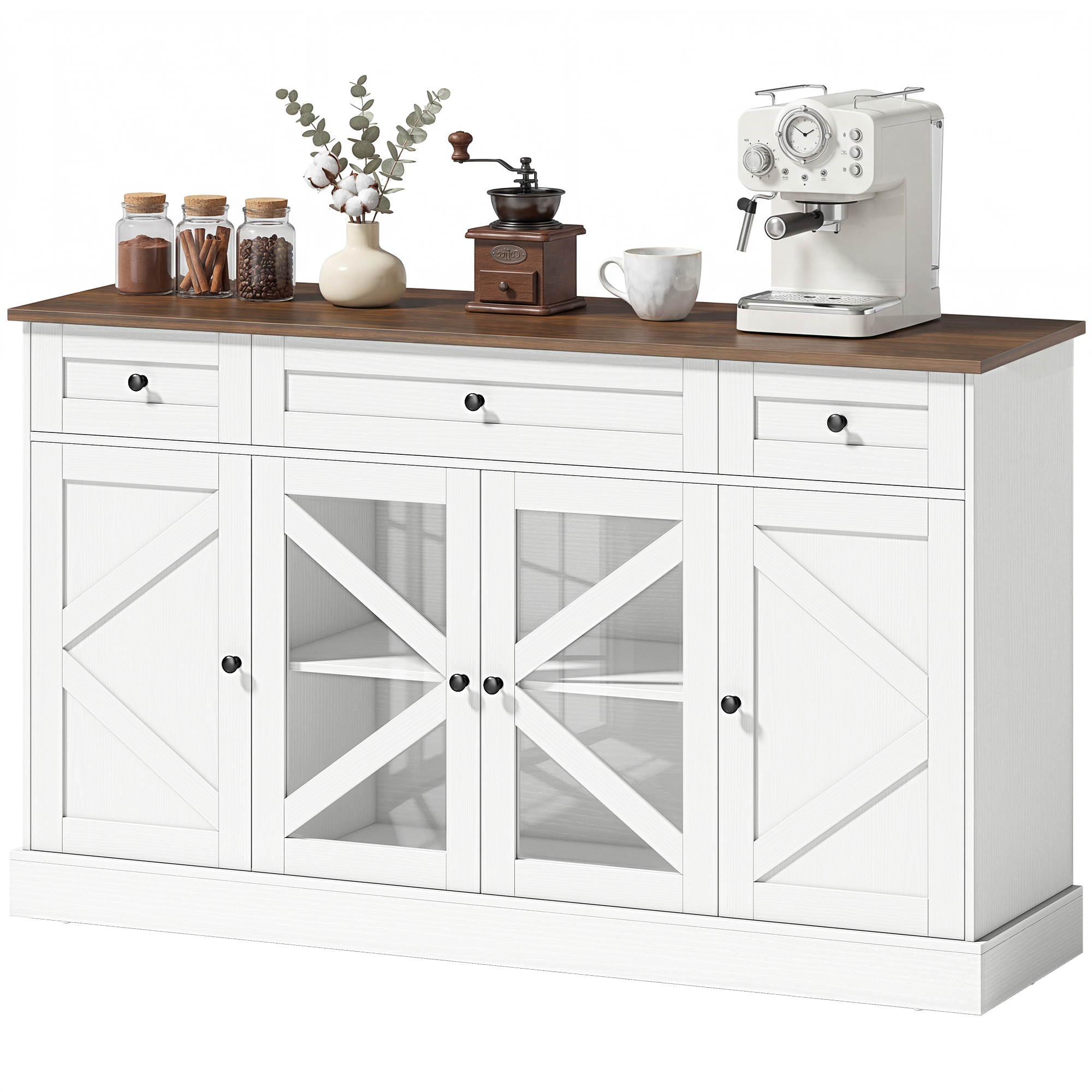 54" Farmhouse Cooking Organizer Organizer Unit with Acrylic Barn Doors and 3 Drawers, Sideboard Buffet Organizer Unit, White Wood Grain 1