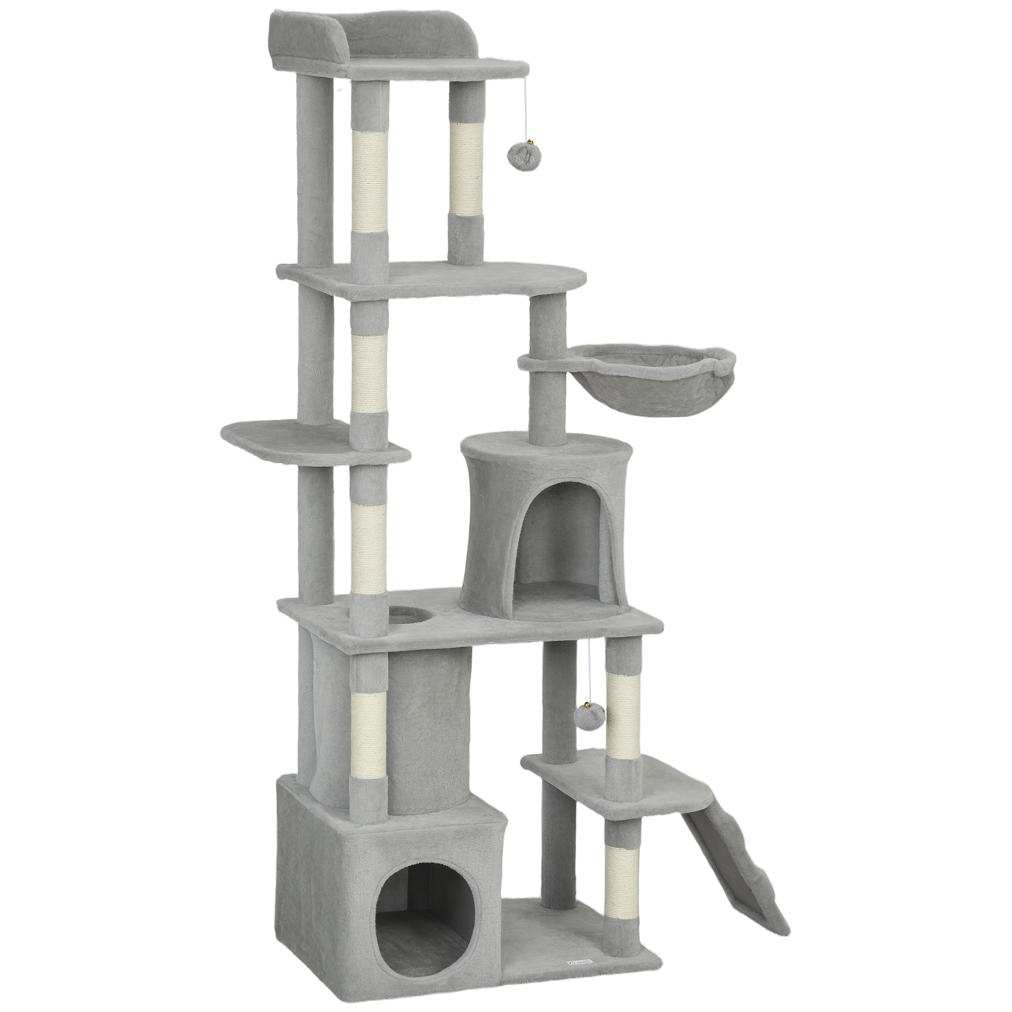 Tunnel, 67" Spacious Feline Tree with 7 Scratching Posts, 2 Condos, Hammock, Perch, Ramp, Pompoms, Lightweight Grey 1