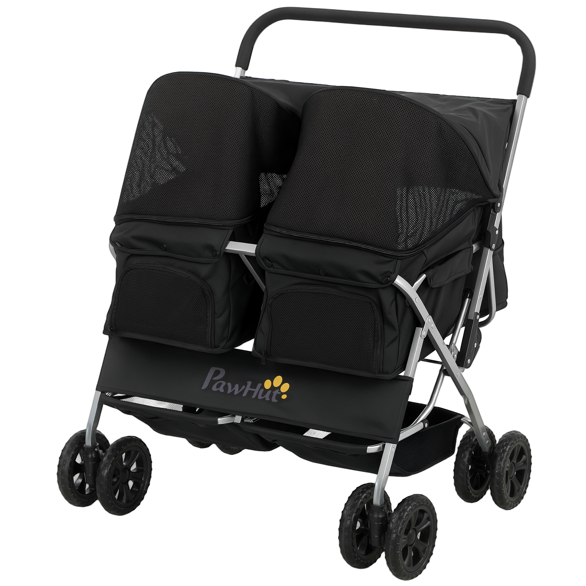 Foldable Canine Stroller with 2-Seater Carrier, Double Animal Stroller, Sunshade, Removable Pad, Safety Belt, Organizer Container 1