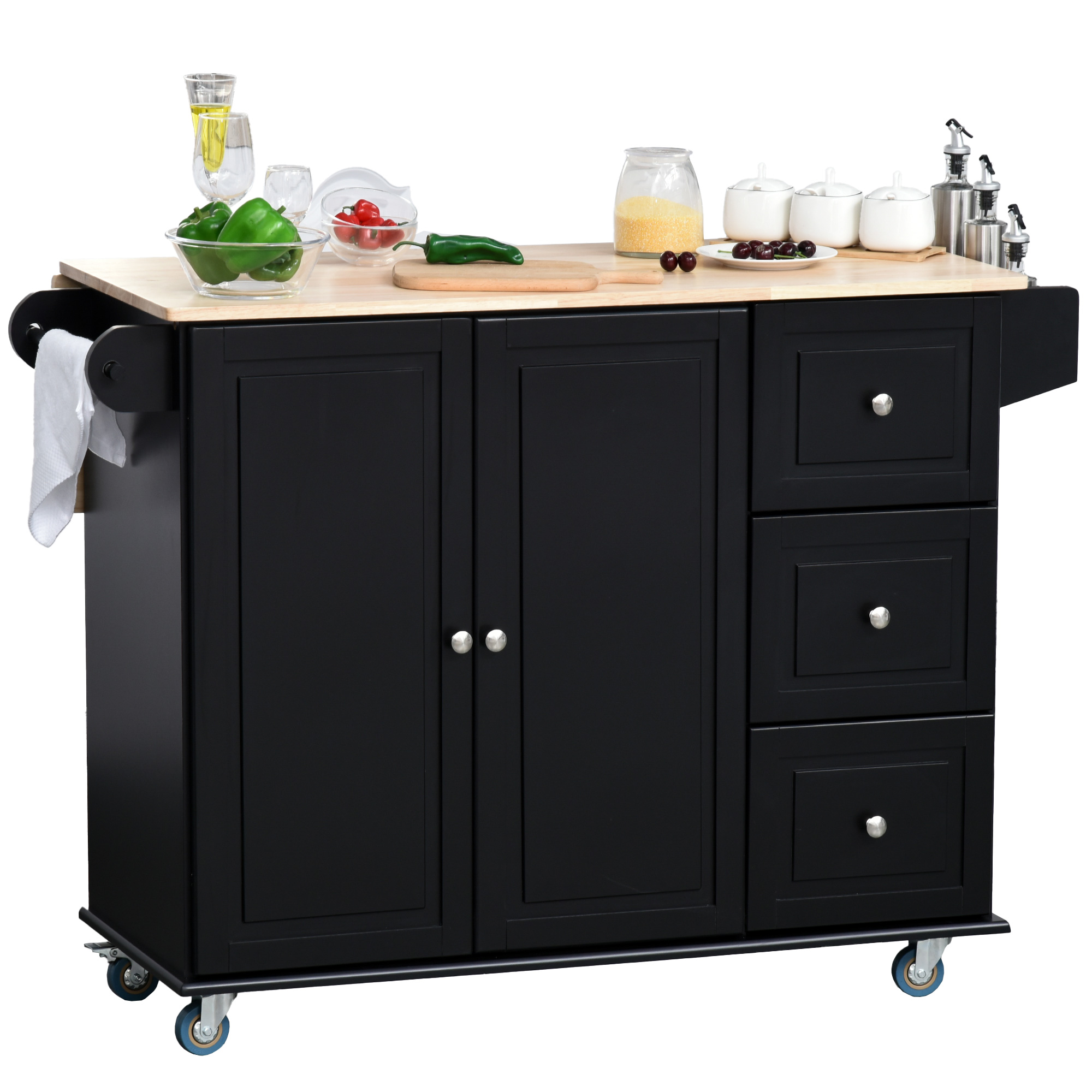 HOMCOM Storage Trolley Cart on Wheels, Mobile Kitchen Island with Drop Leaf, Towel/Spice Rack, 3 Drawers, 2-Door Cabinet, Black