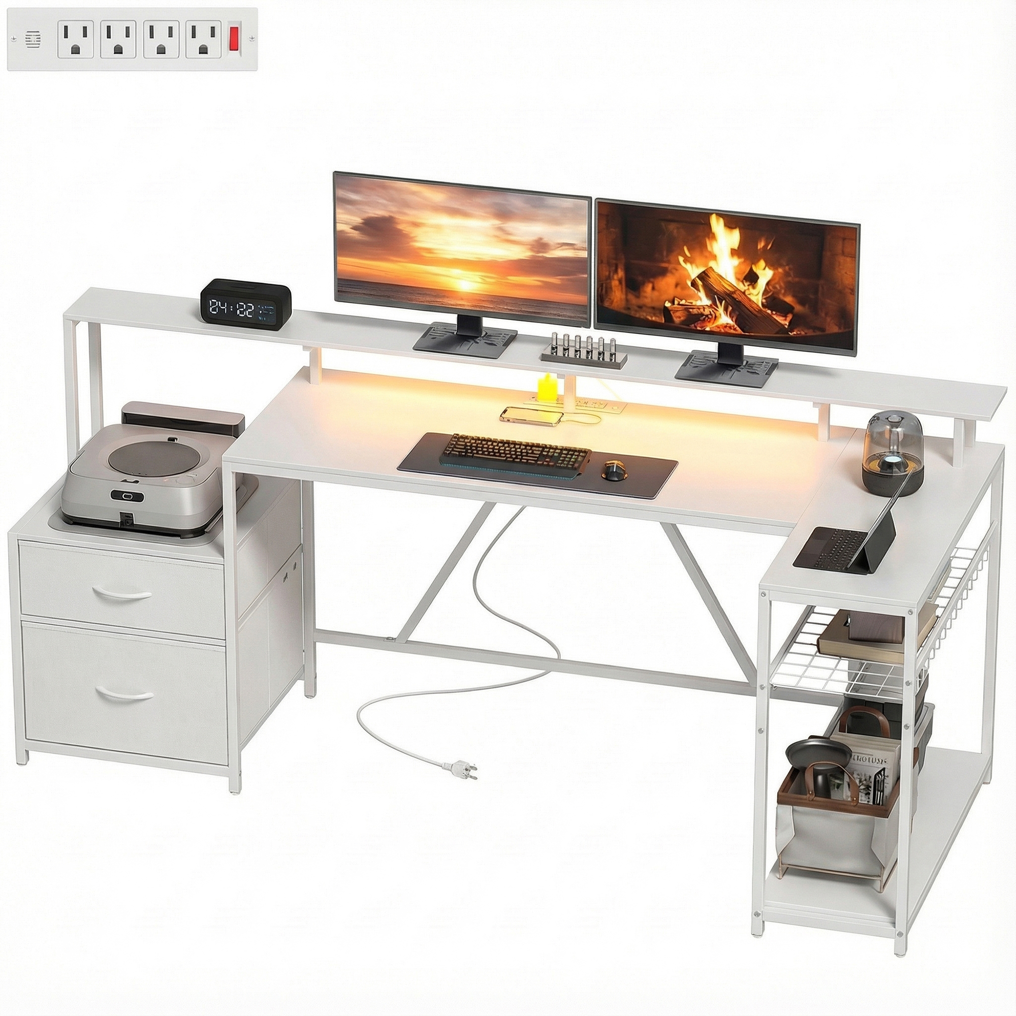 Reversible PC Surface with RGB Lights, 76" Gaming Work Table, USB Ports, Monitor Stand and 2 Fabric Drawers, White 1
