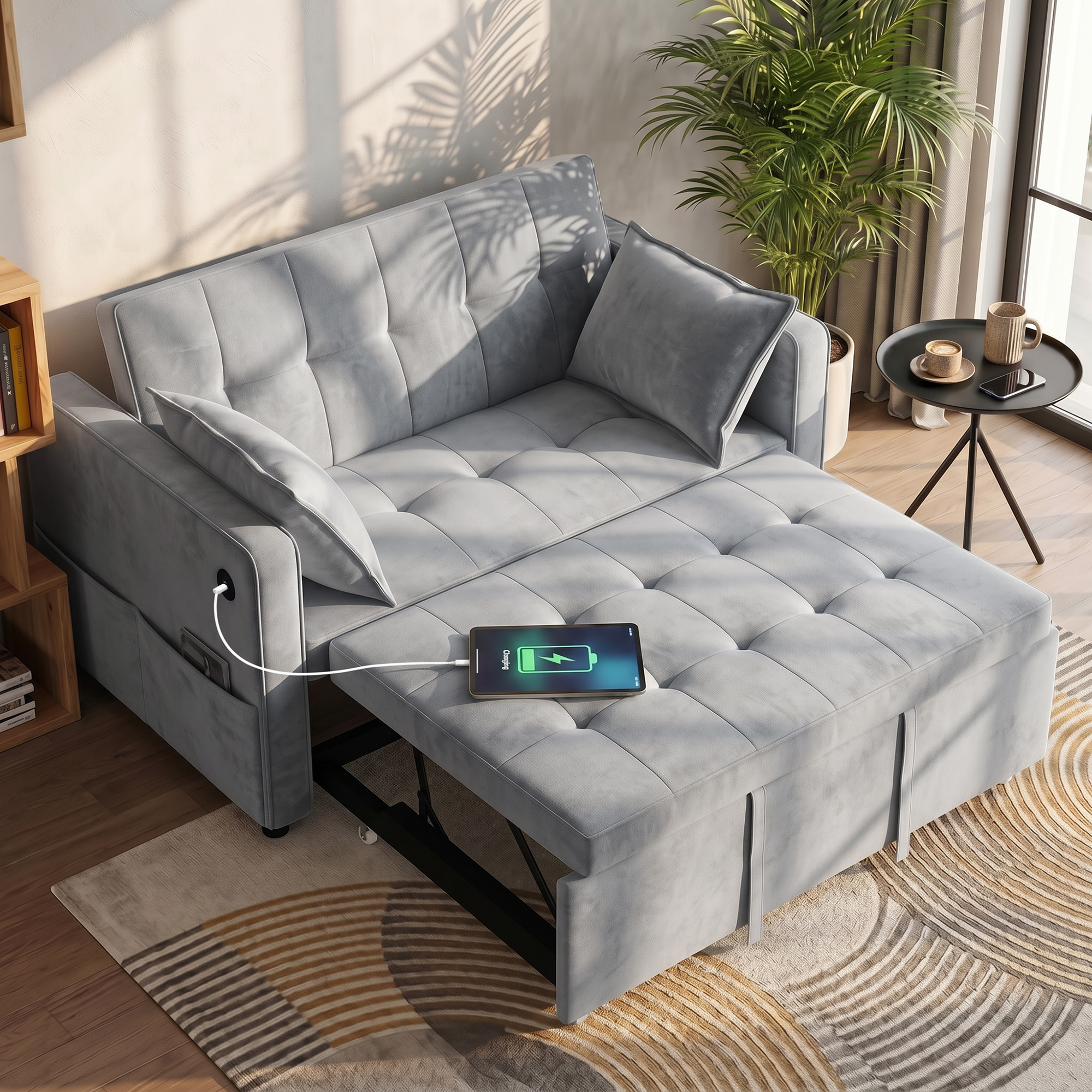 HOMCOM 3‑in‑1 Double Sofa Bed, Convertible Adjustable Sleeper Sofa with USB Charging, Adjustable Backrest, Side Pockets, Light Grey Aosom Canada