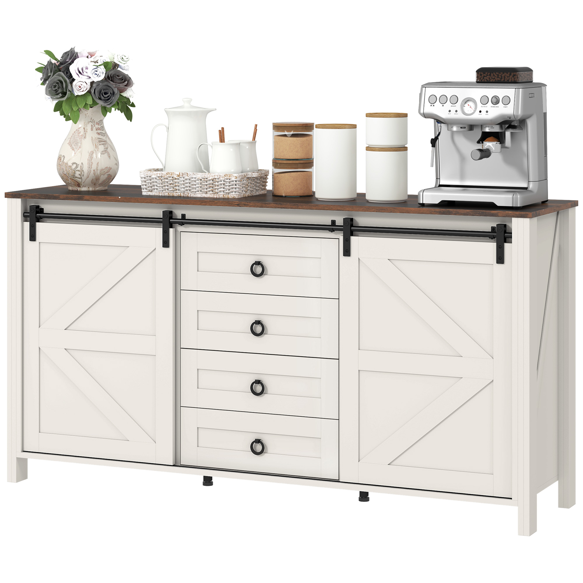 Farmhouse Sideboard with Sliding Barn Doors, 60" Buffet Organizer Unit, Drawers and Adjustable-Height Shelves, Cream White 1