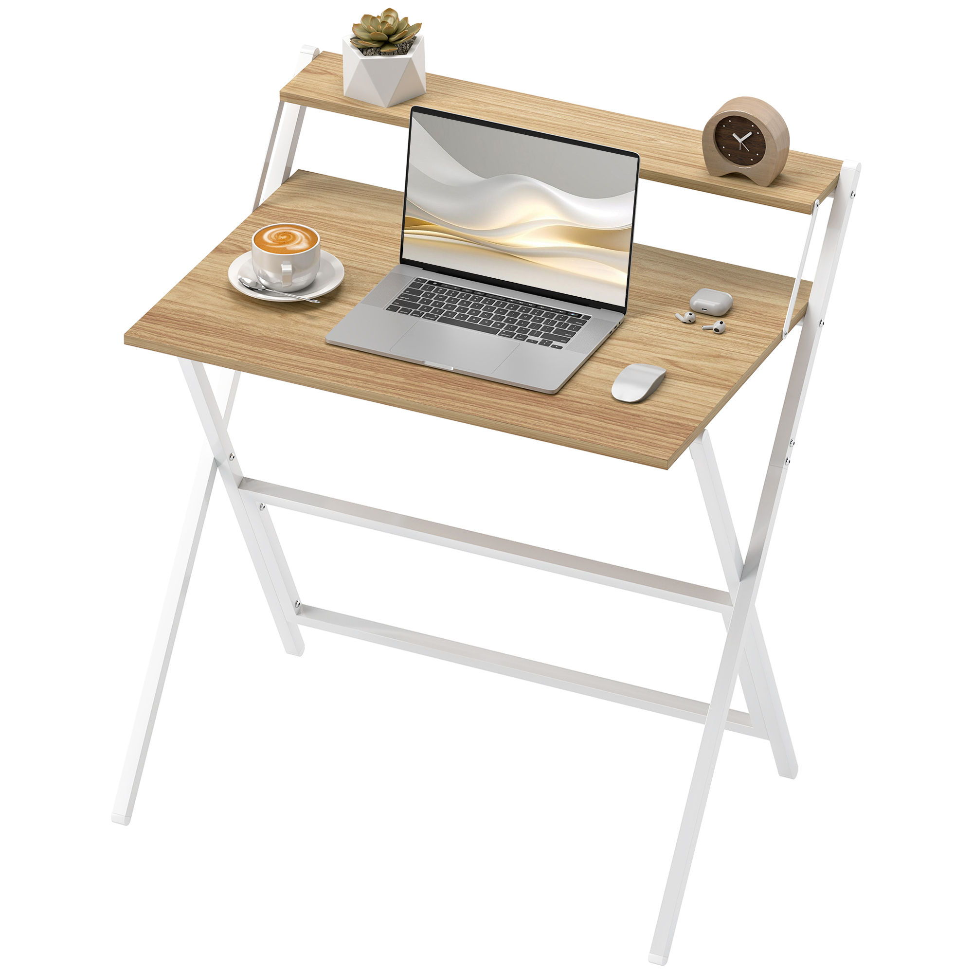 32" Foldable Work Table with Monitor Shelving for Compact Space, Foldable PC Work Table, Home Workspace, Easy Assembly, Natural Wood 1