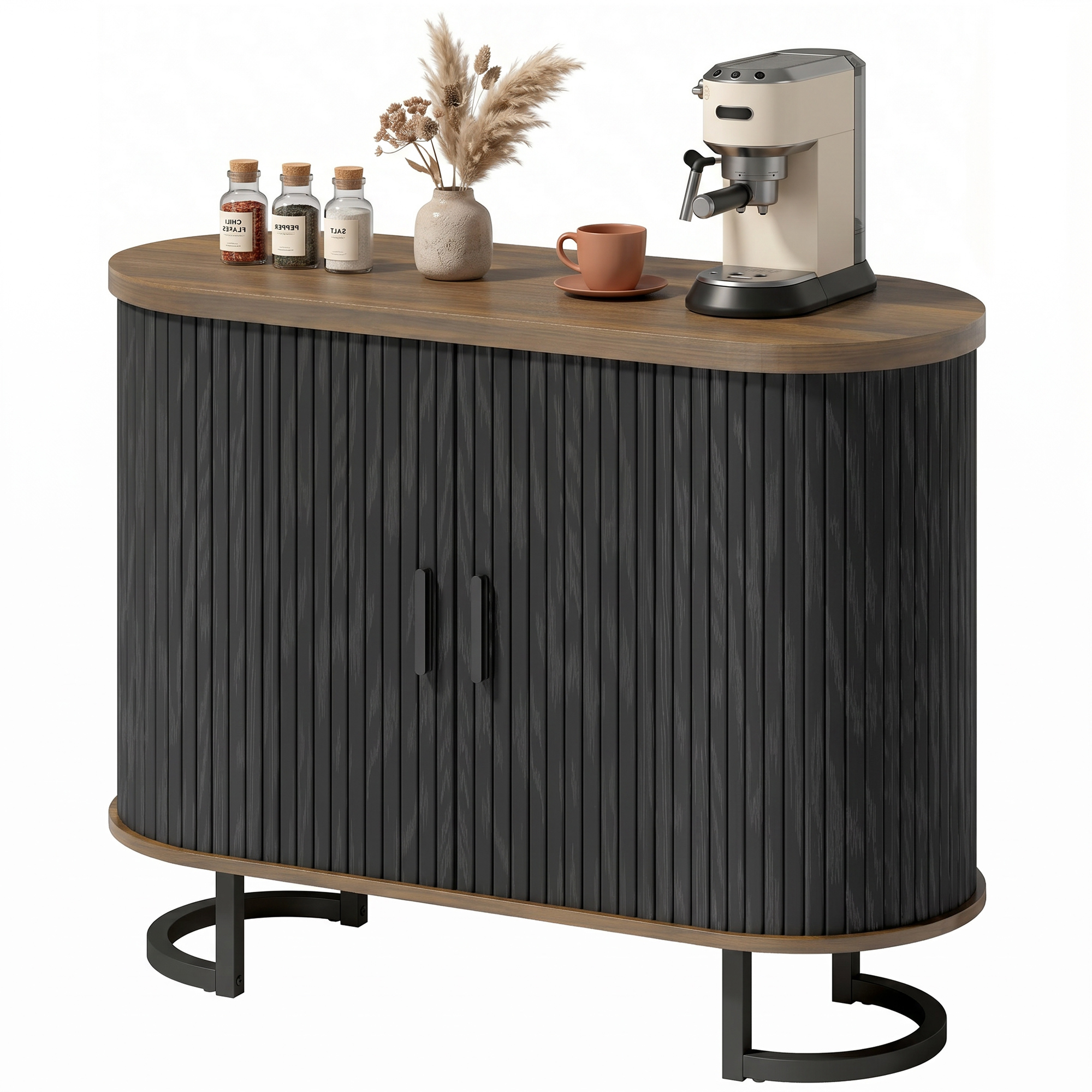 Sideboard Buffet Organizer Unit with Curved Tambour Doors, Thick Tabletop and Arc Metal Legs Brown and Black 1