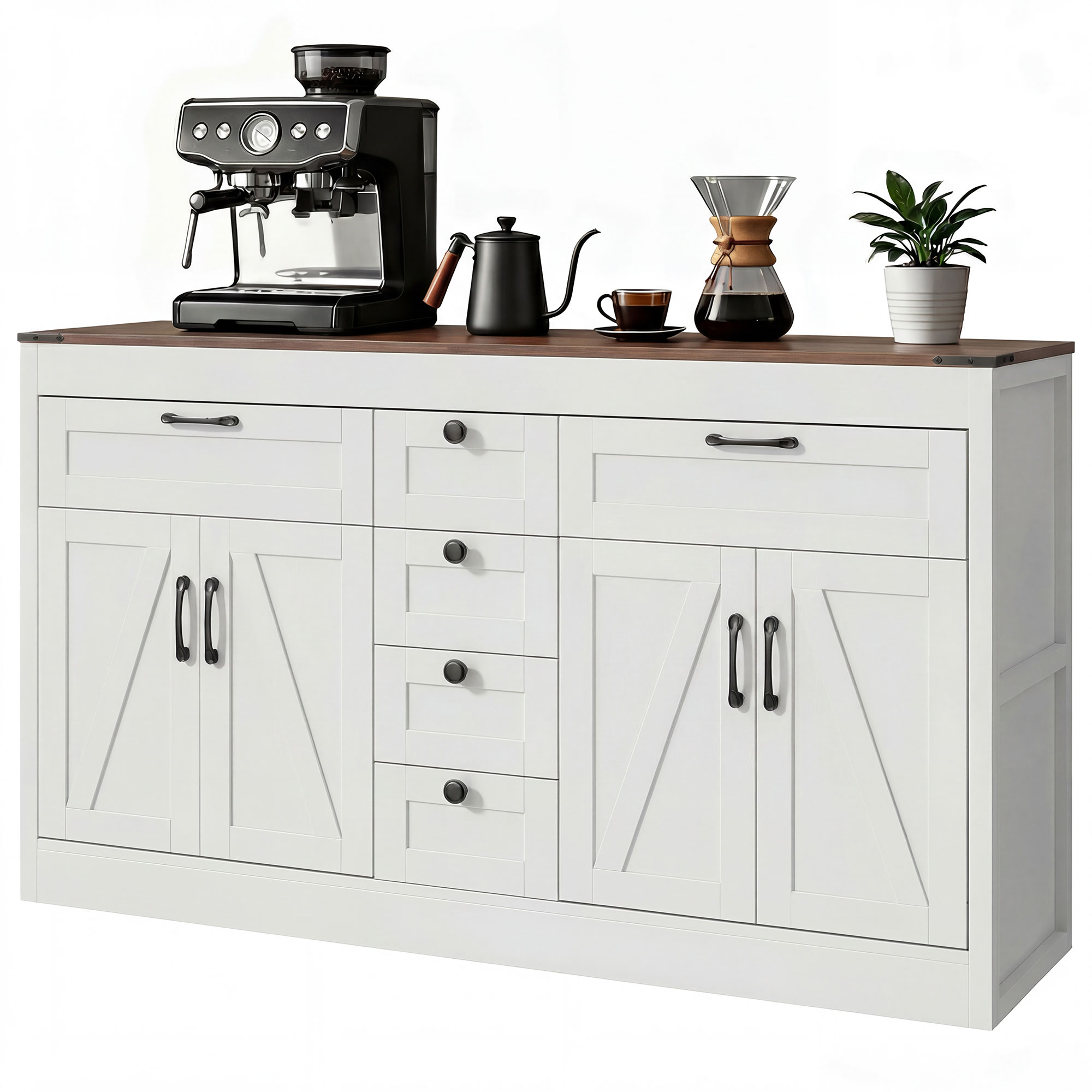 55" Farmhouse Cooking Organizer Unit with 4 Barn Doors, Sideboard Buffet Organizer Unit, 6 Drawers and 2 Adjustable-Height Shelves, White 1