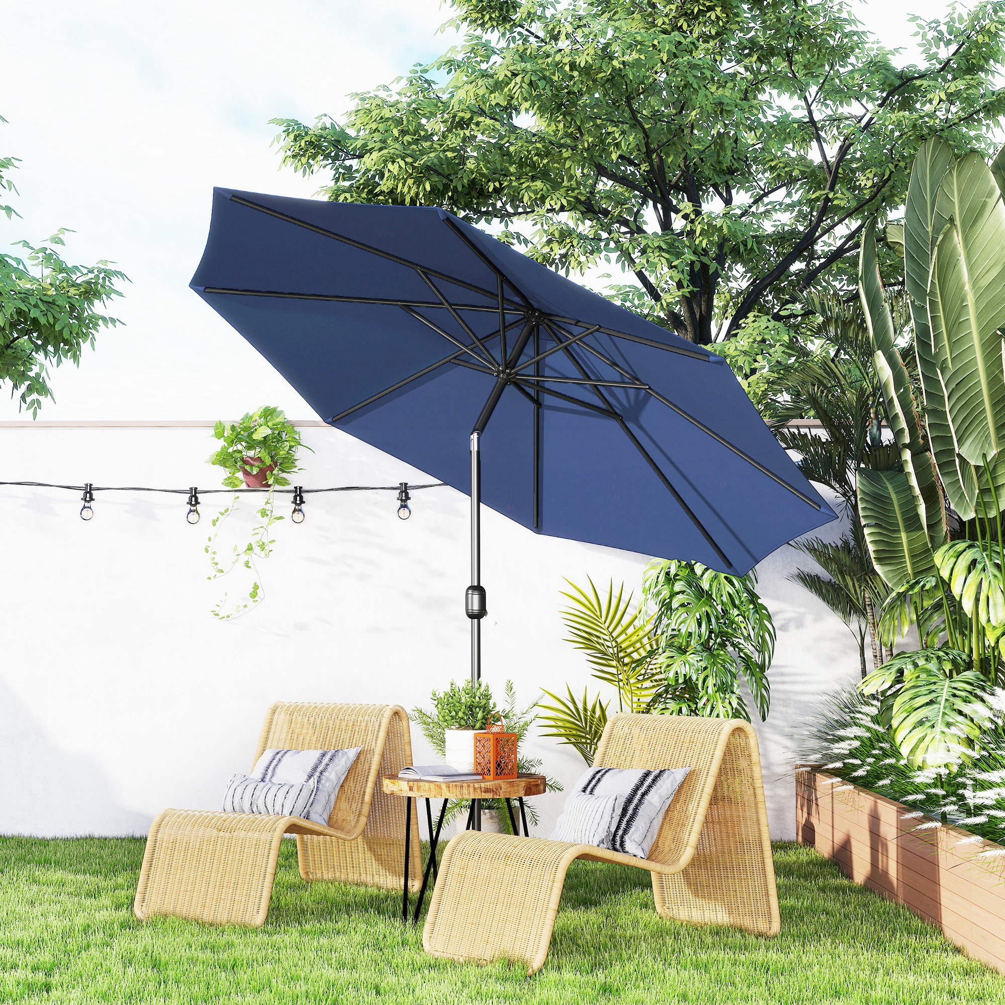 aluminium patio umbrella Aluminum Patio Cantilever Umbrella, LED/Solar, Double-Top, 360-degree Rotation, Adjustable, 9' x 11' Rectangular, Tan
