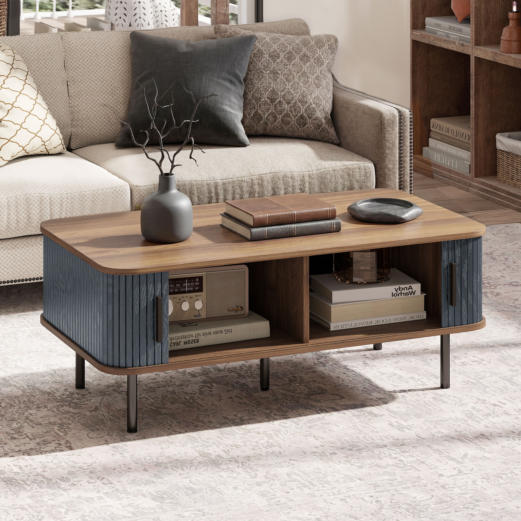 Nordic Fluted Side Table with Tambour Sliding Doors and Steel Legs, Coffee Table with Storage, Black 1