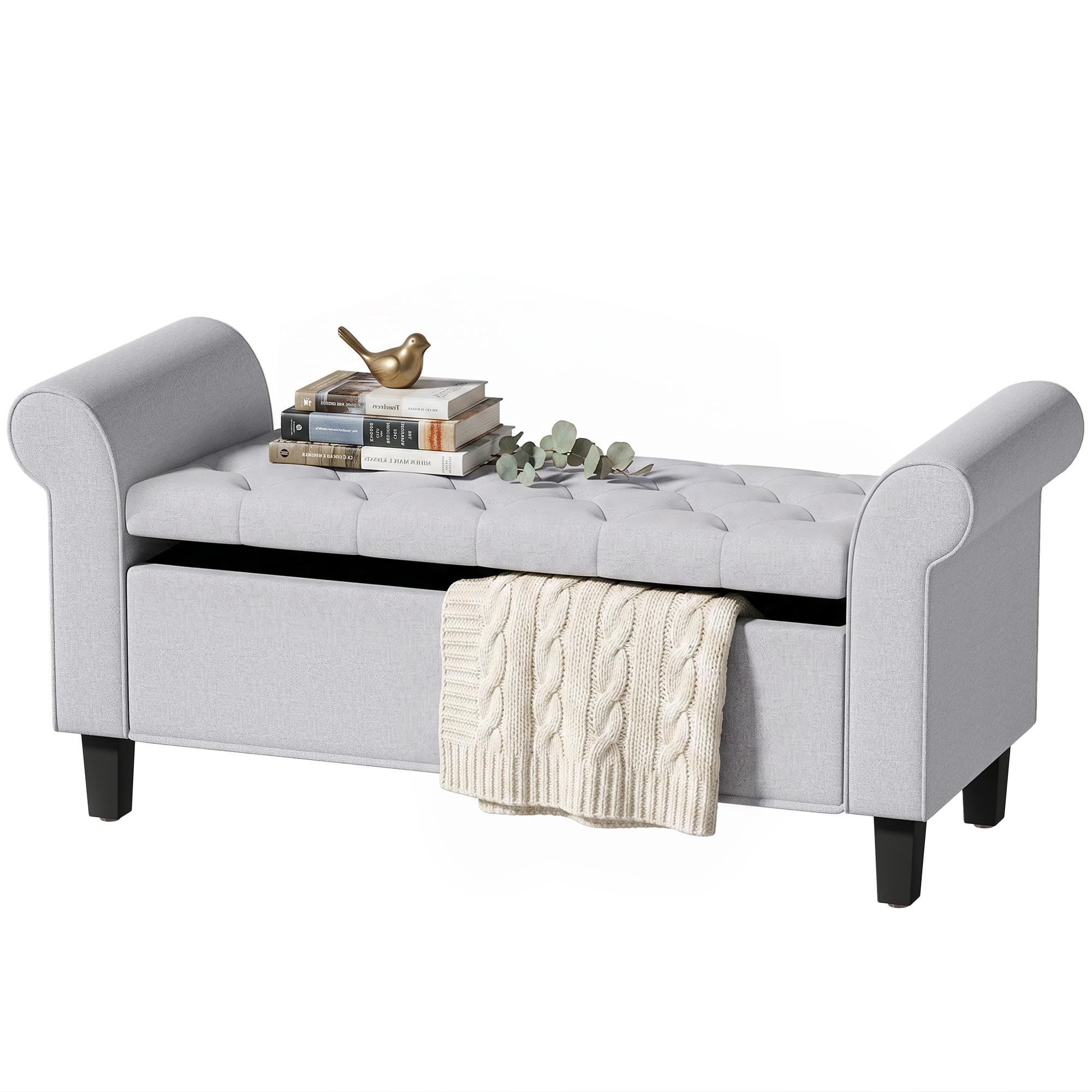 HOMCOM 47" Storage Ottoman Bench, Tufted End of Bed Bench with Rolled Arms, Safety Hinge, Wood Legs for Bedroom, Light Gray