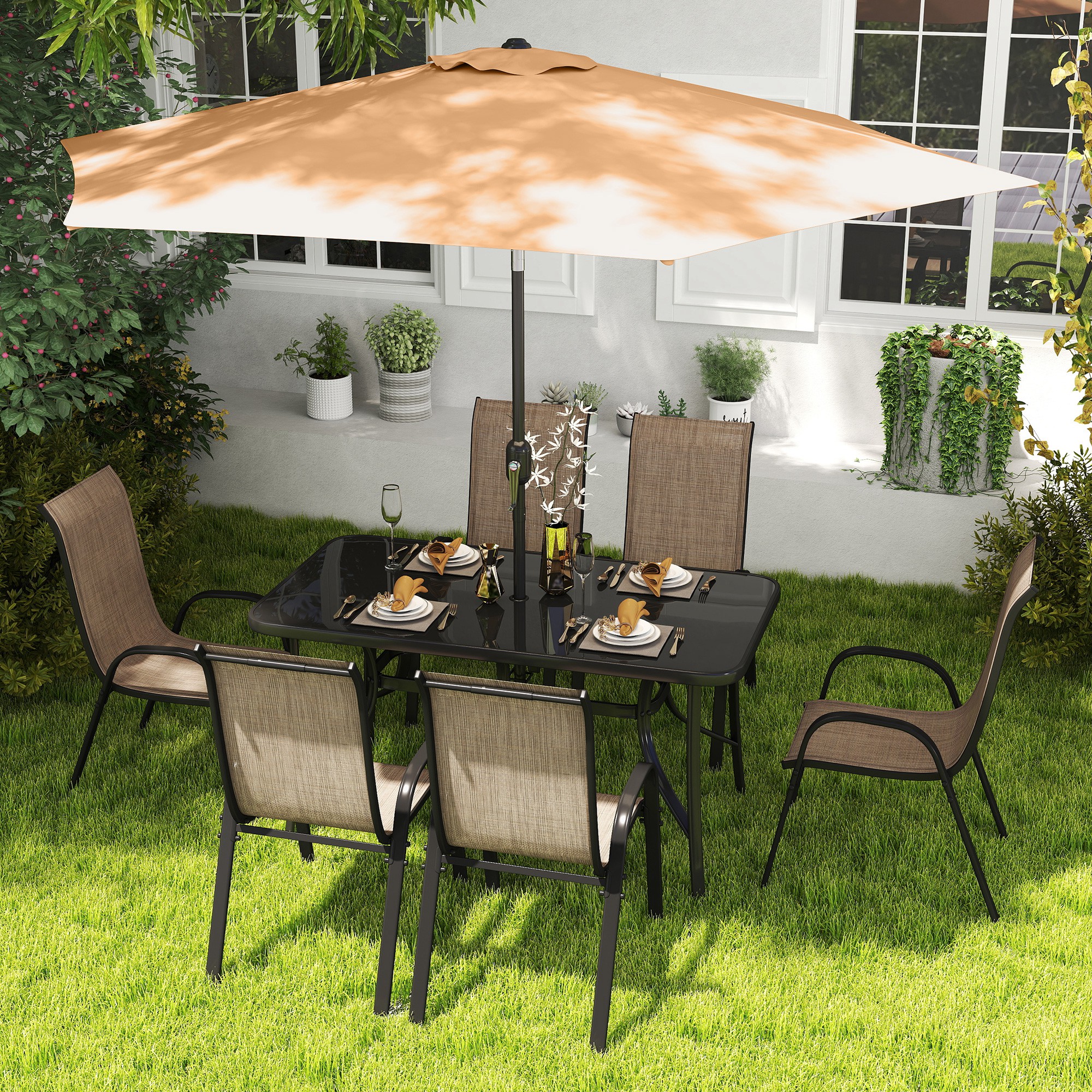 8 seat patio set with umbrella SERWALL 8-Pc HDPE Dining Set, 1 Table, 1 & 6 Chairs, Black it includes a spacious dining table with an integrated parasol hole Outsunny 8 Pieces Patio Furniture