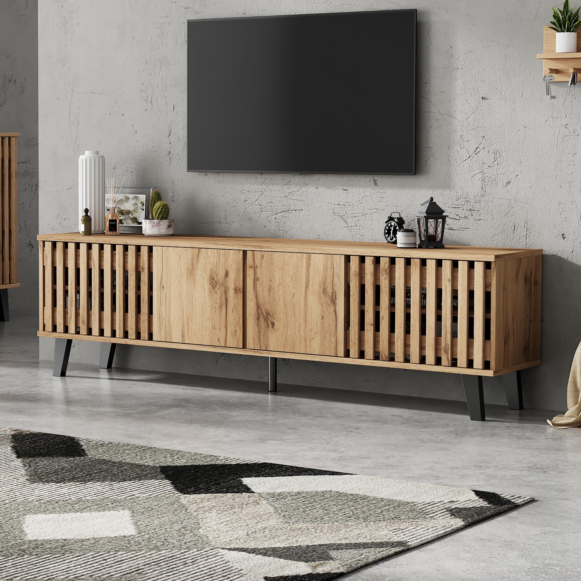 Modern Vintage TV Stand for 65" TV with Perforated Side Doors, Spacious TV Cabinet with 8 Shelves, 39.5" L x 19.5" W x 17" H, Natural | Aosom Canada