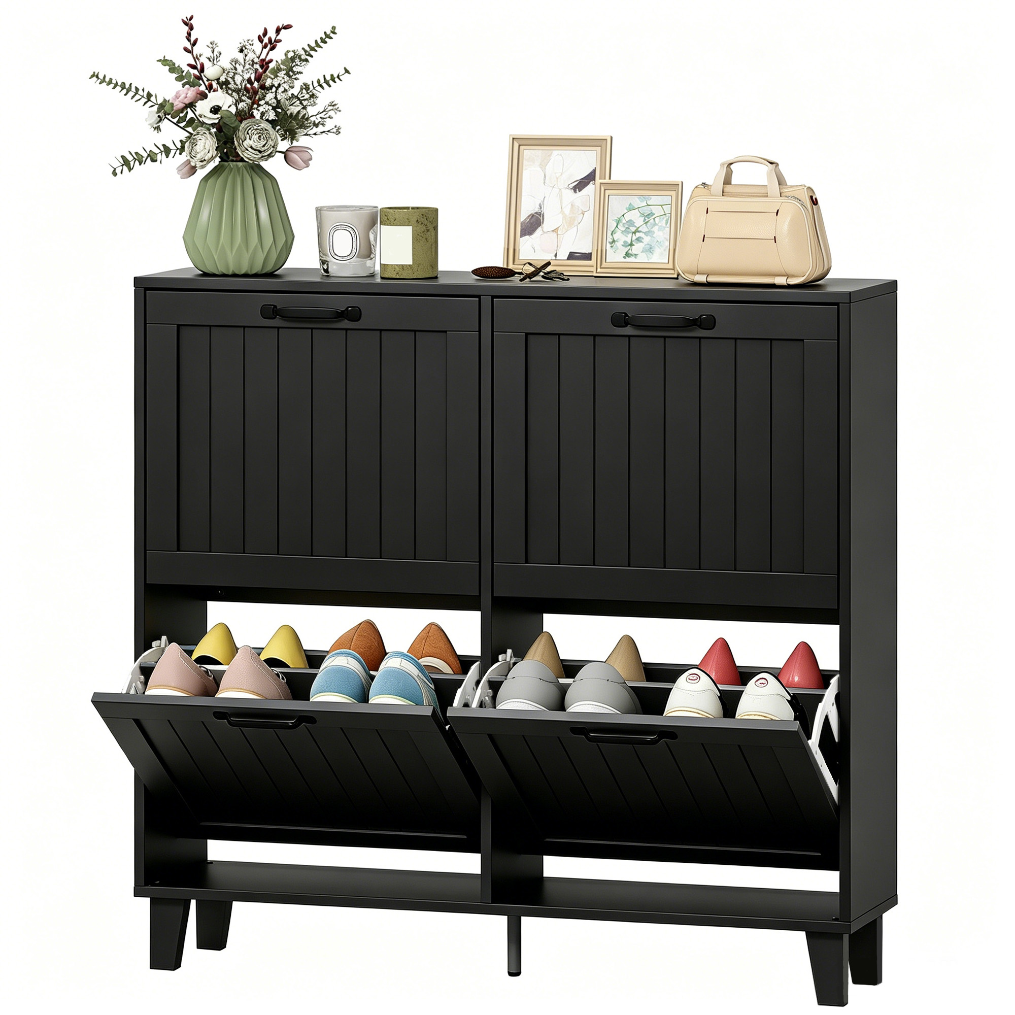 Freestanding Narrow Footwear Organizer Organizer Unit with Adjustable-Height Shelves, Footwear Organizer Unit with 4 Flip Drawers, Open Back, Black 1