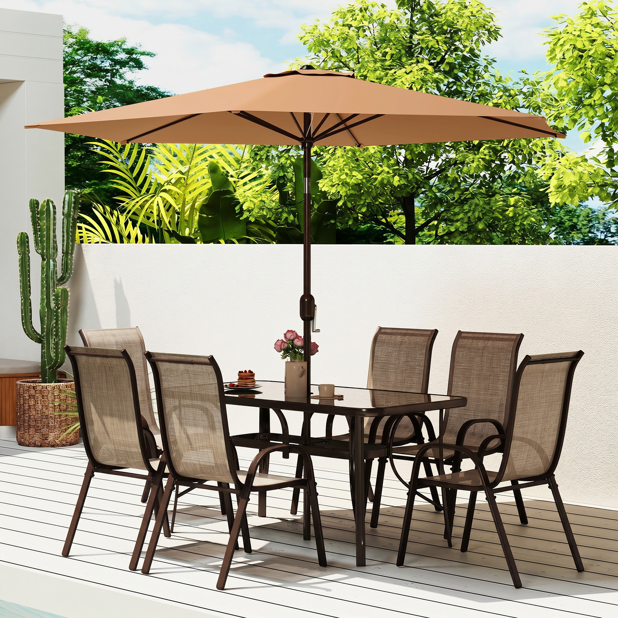 large patio table with umbrella JARDINA Outdoor Dining Set for 6 – Wooden Table, Woven Rope Chairs & Hole For the umbrella Hearth and Haven Outdoor Rectangular