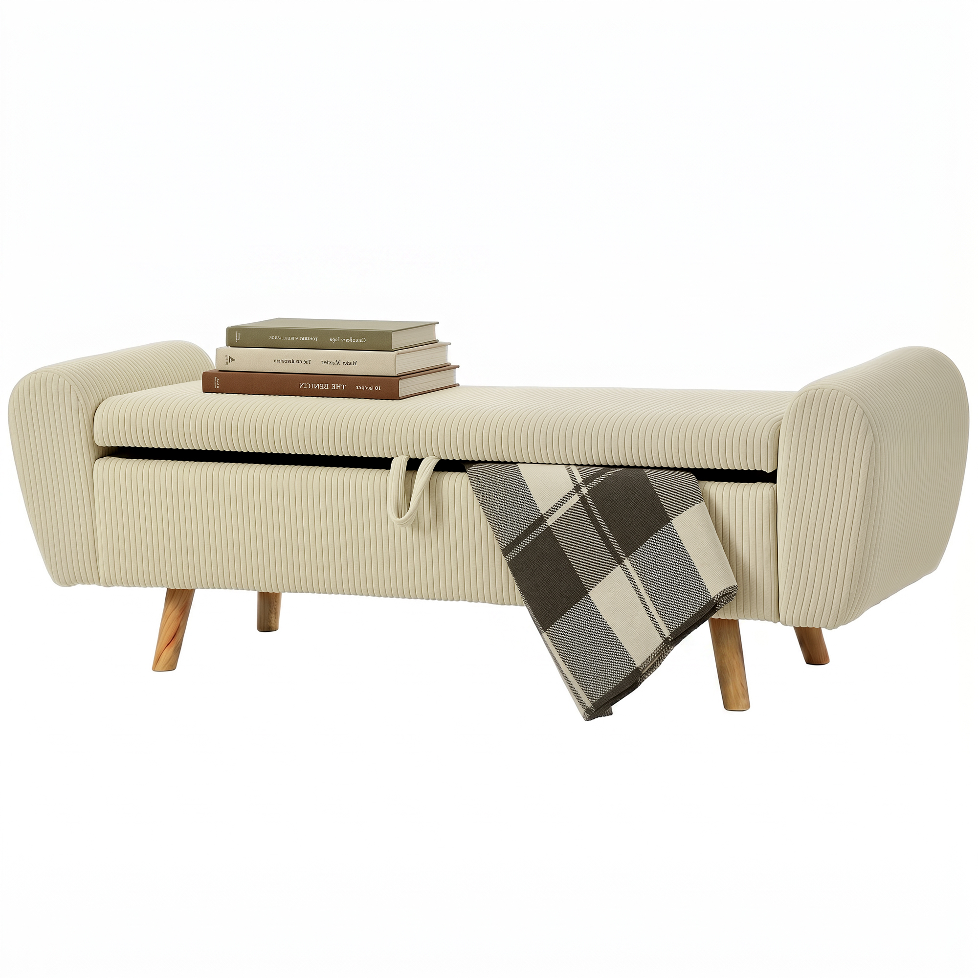 59" Corduroy End of Sleep Organizer Seating Bench for King Size Sleep with Wooden Legs and Rolled Arms, Organizer Ottoman, Beige 1