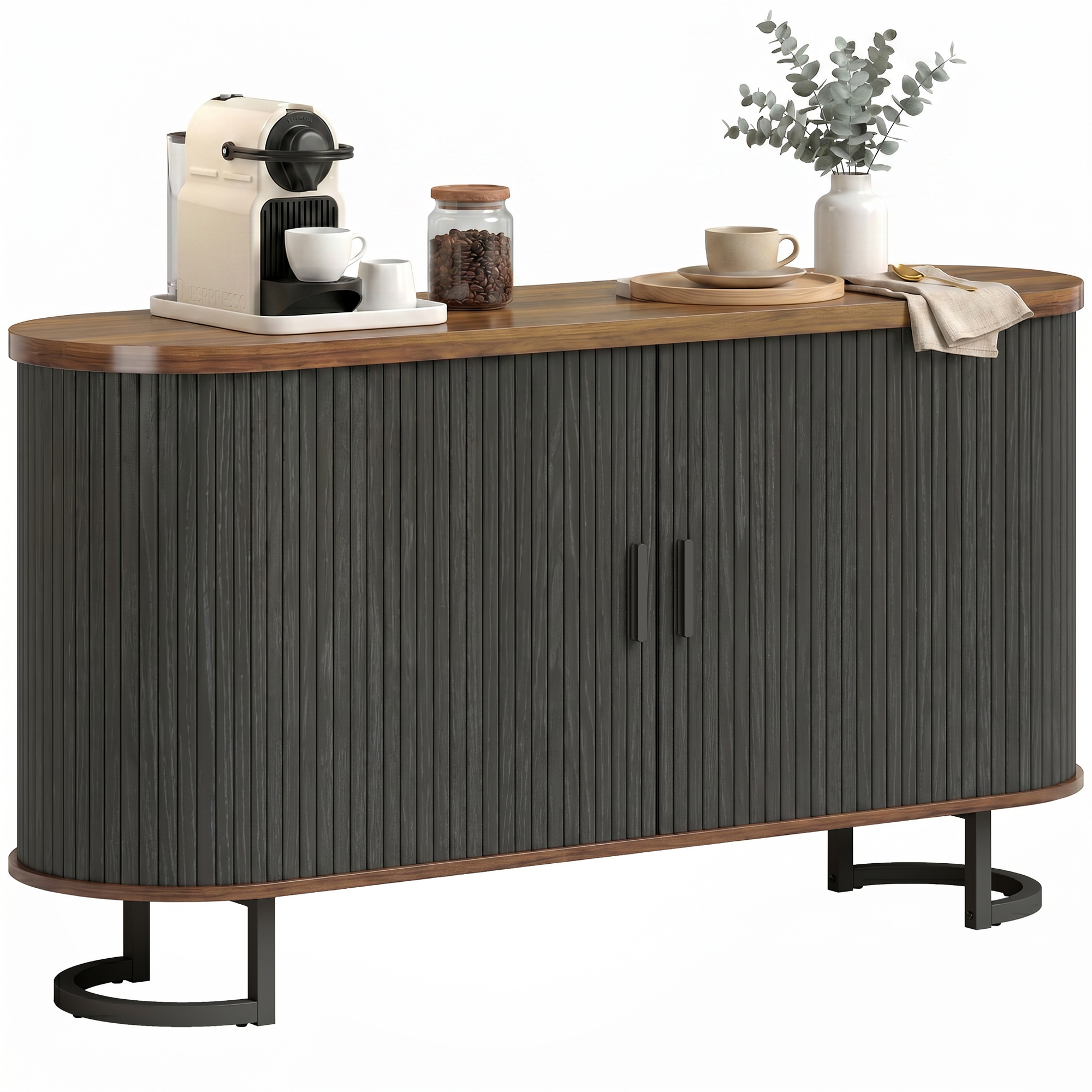 55" Modern Coffee Bar Organizer Unit with Sliding Doors and Adjustable-Height Shelves, Fluted Sideboard Buffet Organizer Unit, Black 1