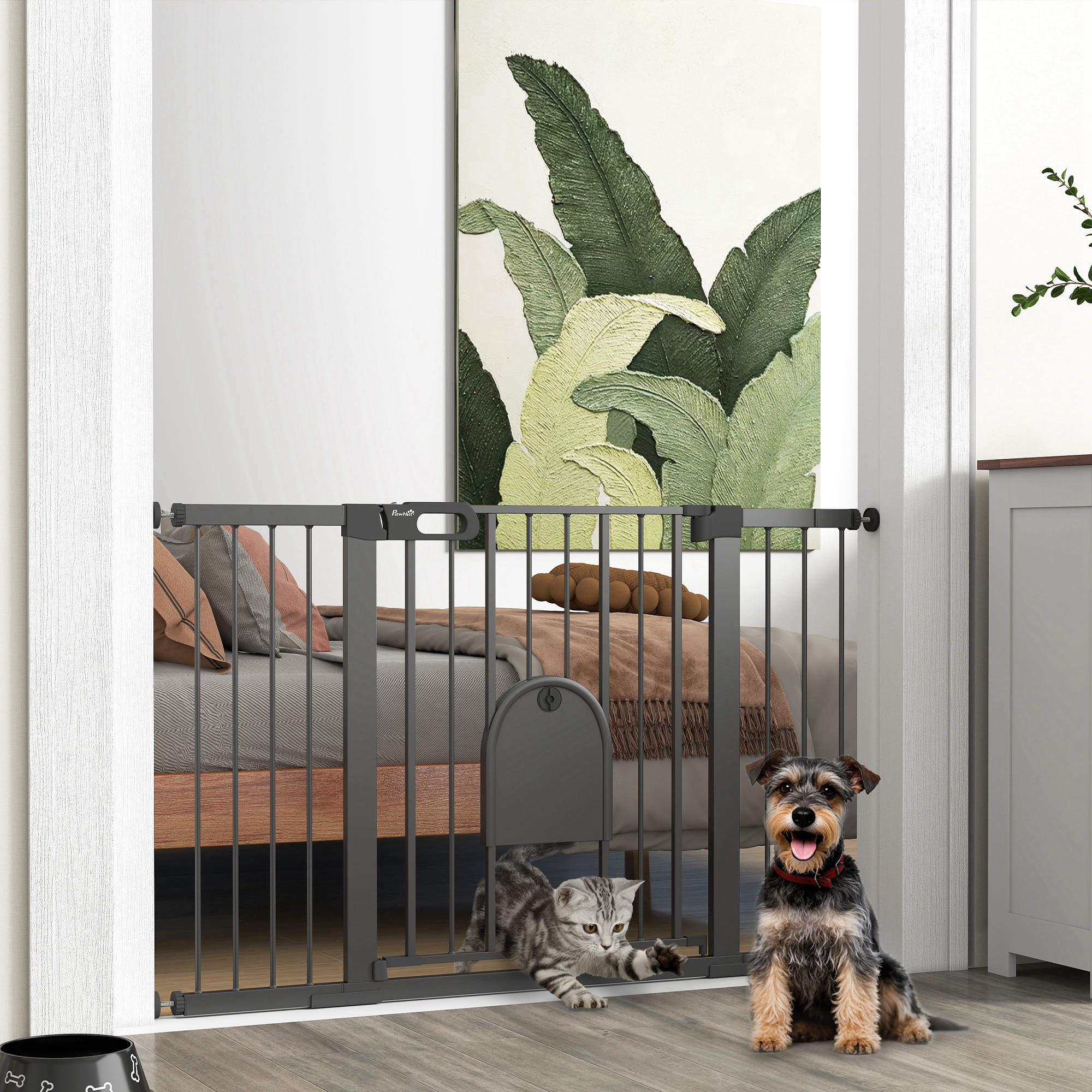 PawHut 30"-52" Extra Wide Pet Gate Barrier with Small Door, 30"H Dog Gate with Safety Gate Barrier, Stair Pressure Fit, Black Aosom Canada