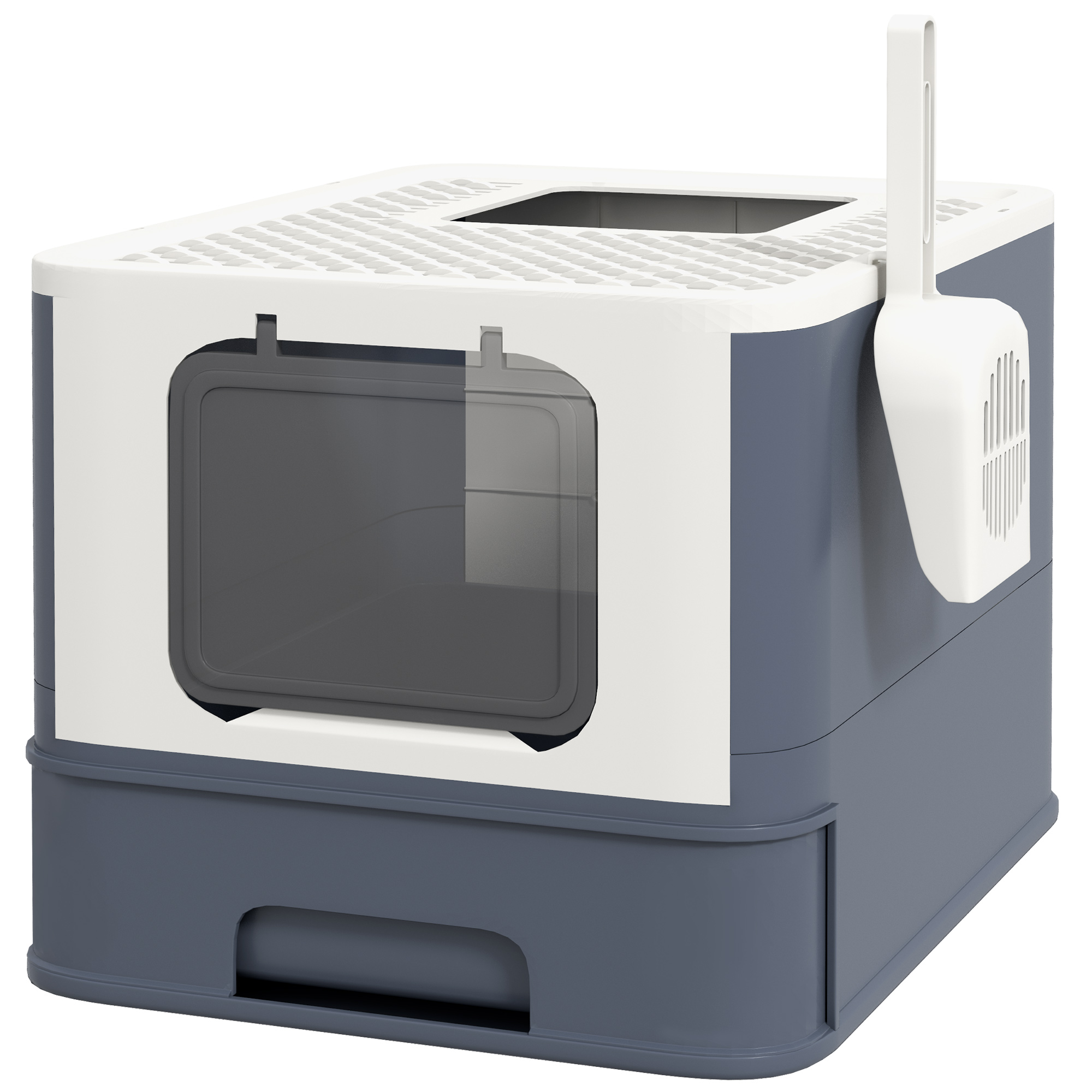 PawHut Cat Litter Box with Lid, Scoop, Front Entry, and Top Exit for Large Cats, White