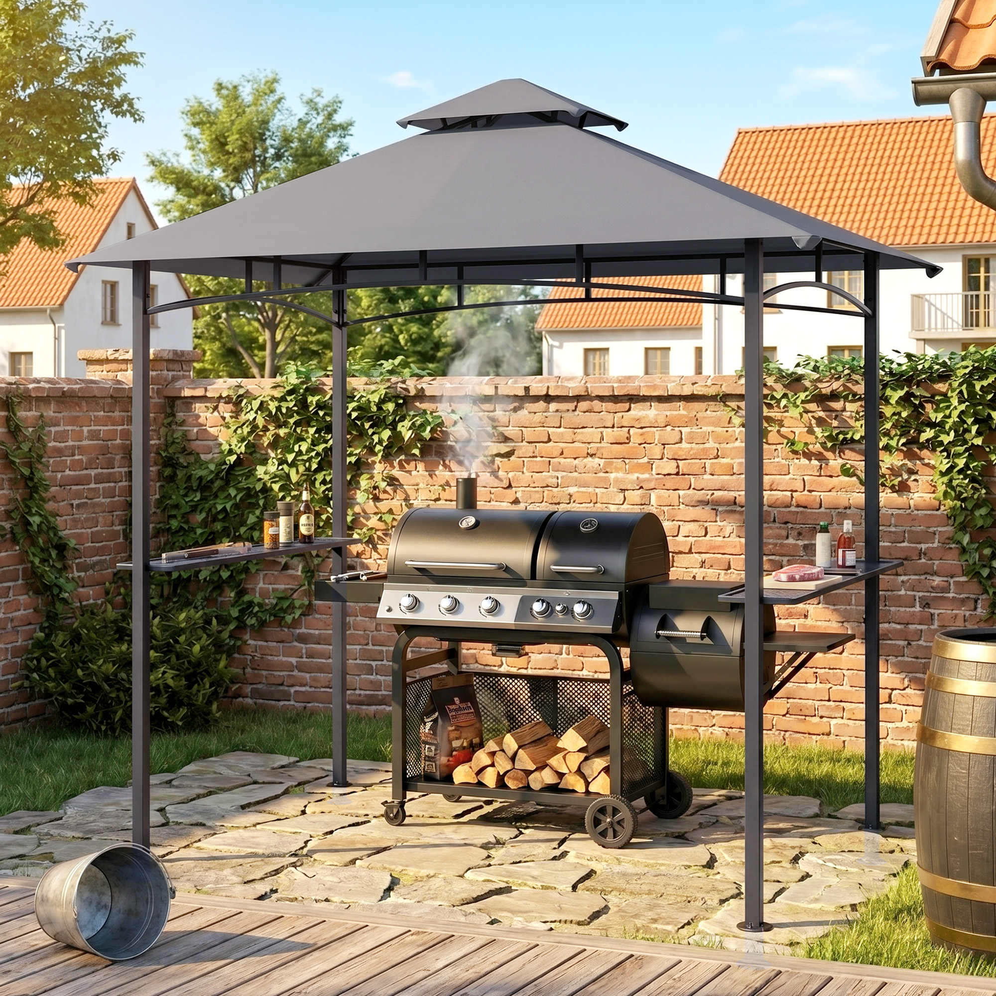 Outsunny 8' x 5' BBQ Grill Gazebo Tent with Double Tiered Canopy for Outdoor Sun Shade, Grey Aosom Canada