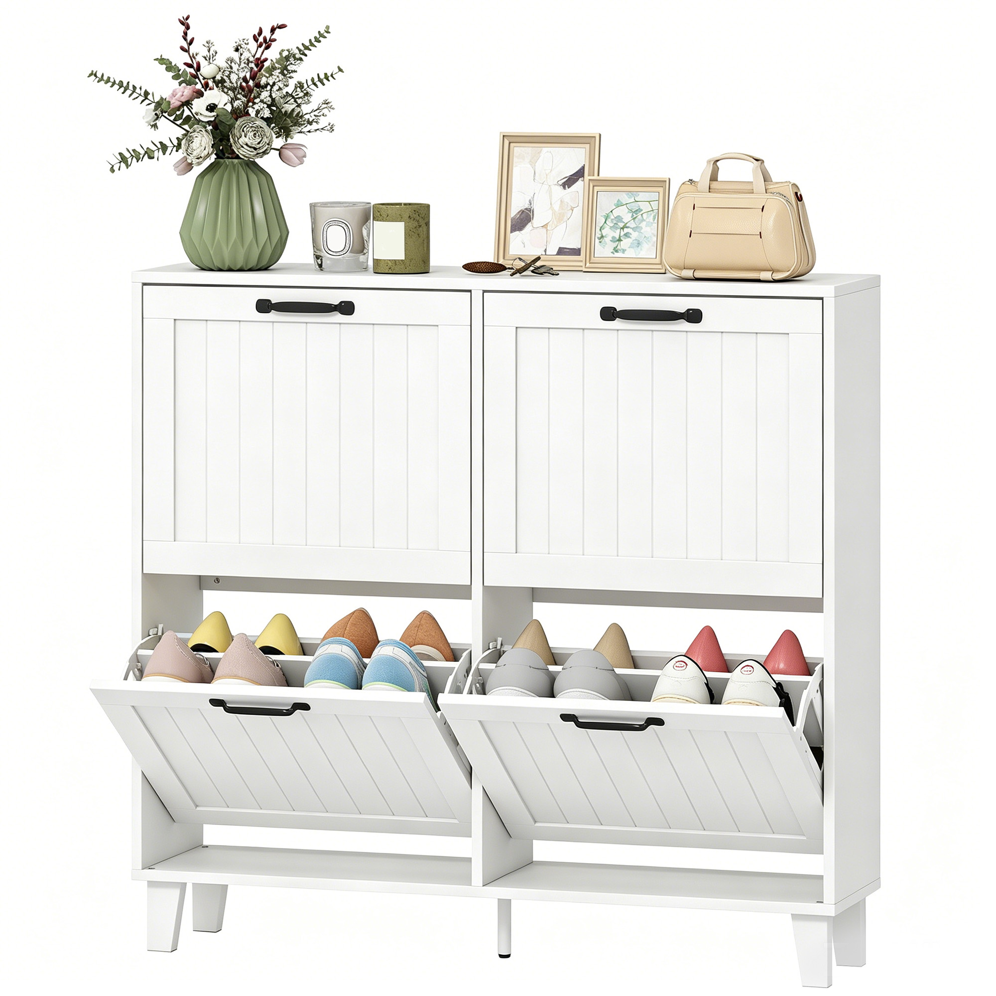 Freestanding Narrow Footwear Organizer Organizer Unit with Adjustable-Height Shelves, Footwear Organizer Unit with 4 Flip Drawers, Open Back, White 1