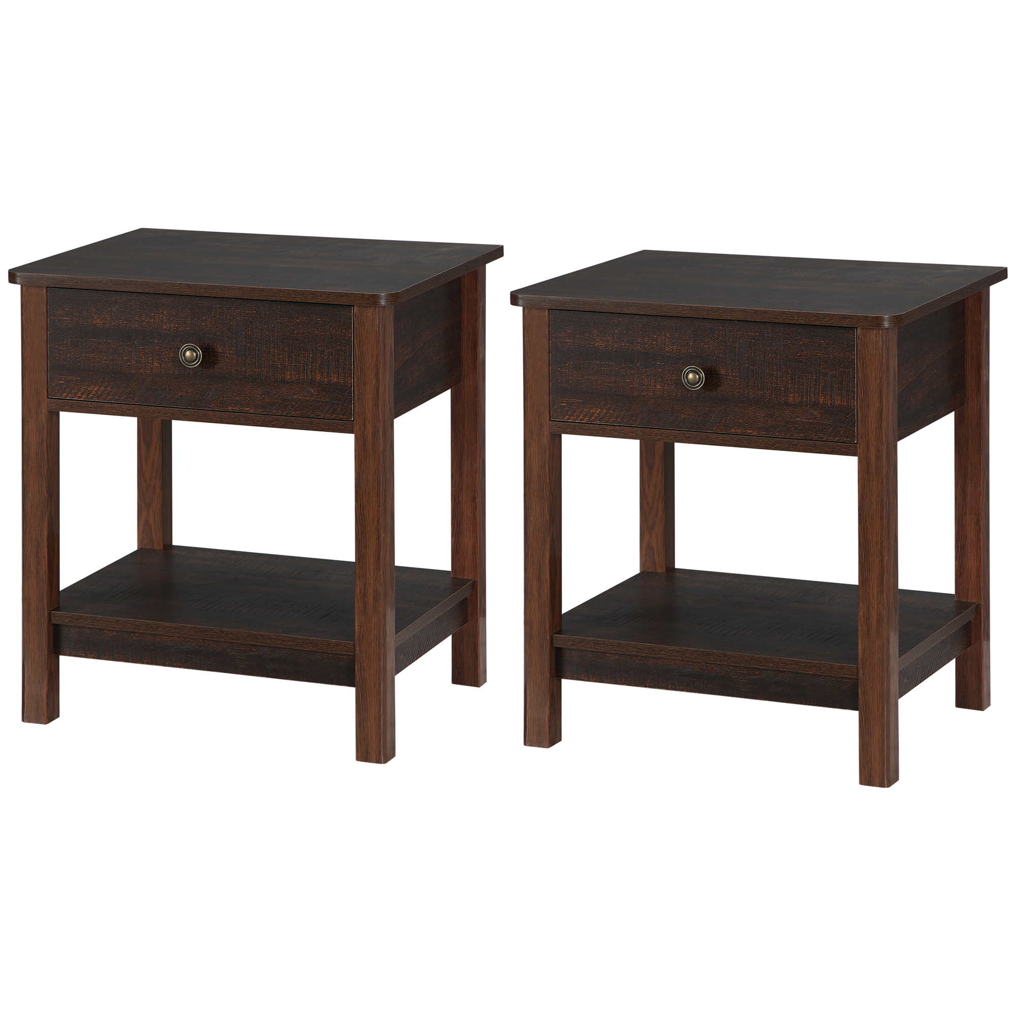 HOMCOM End Table with Drawer, Side Table with Top and Bottom Shelf for Small Spaces, Set of 2, Dark Brown