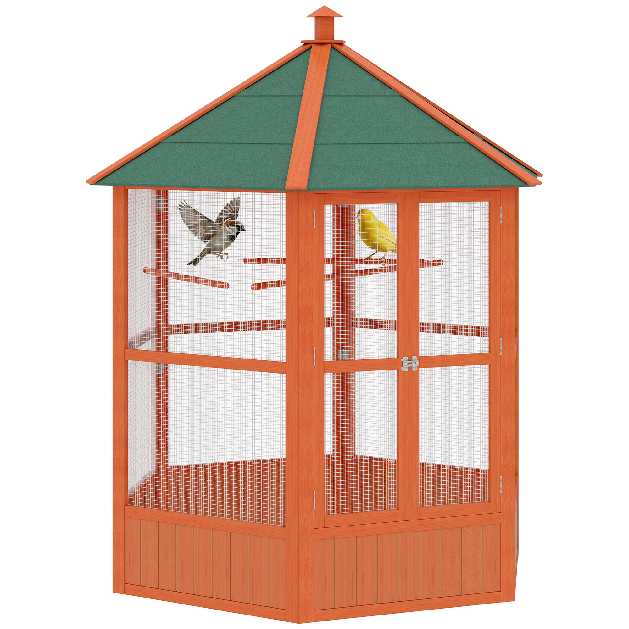 PawHut 69″ Wooden Hexagonal Outdoor Aviary Flight Bird Cage With Covered Roof, Brown