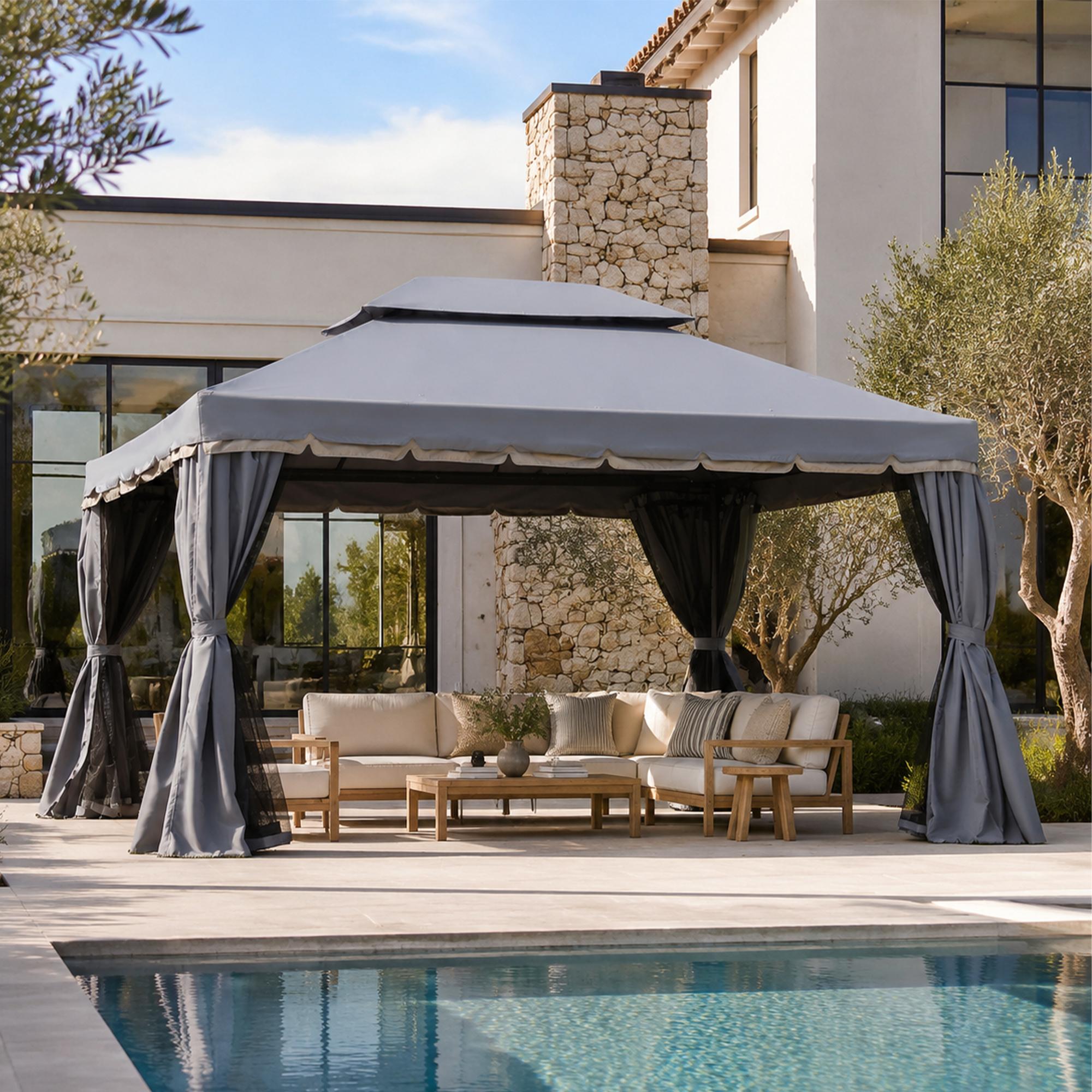 Outsunny Soft-top Gazebo with Vented Mesh Sidewall 13x10ft Gazebo with Curtains Aluminum Frame Dark Grey Aosom Canada