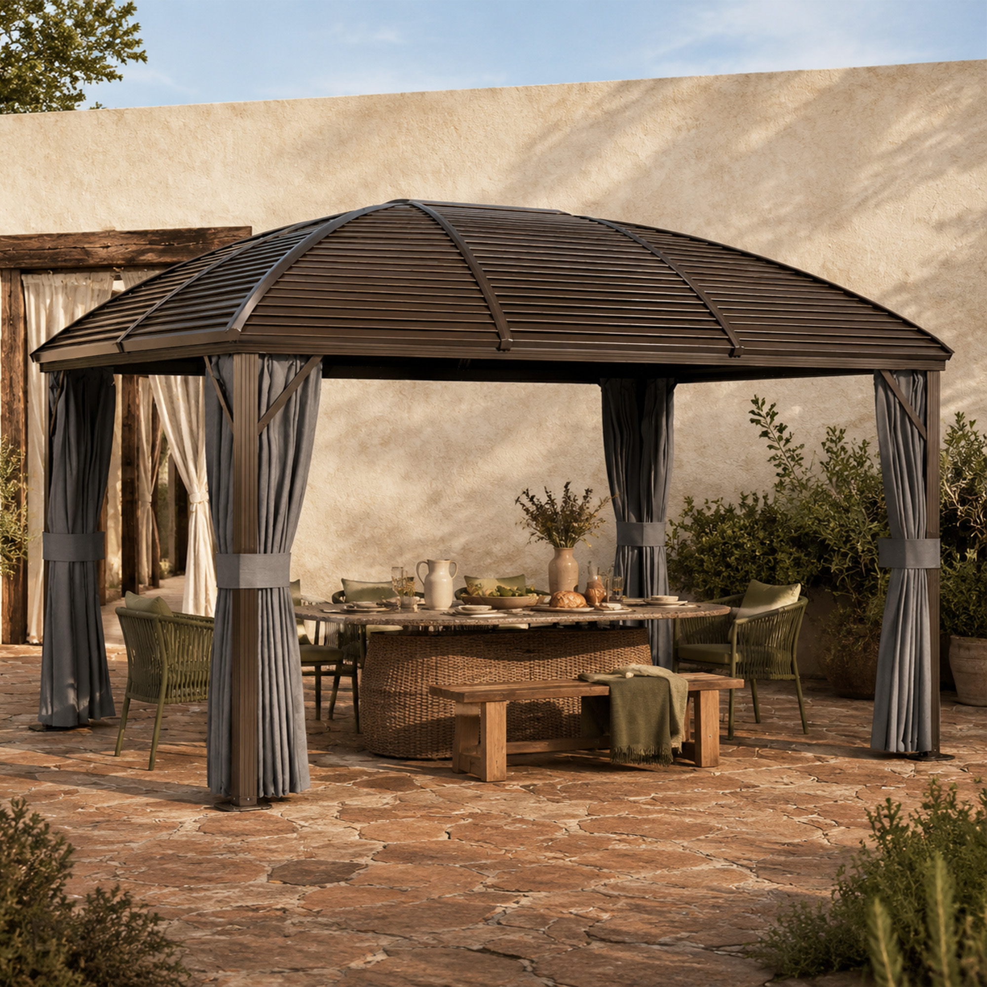 Outsunny 10' x 13' Hardtop Gazebo Aluminum Outdoor Canopy with Mesh Nettings, Curtains, Light Hooks, Dark Grey Aosom Canada
