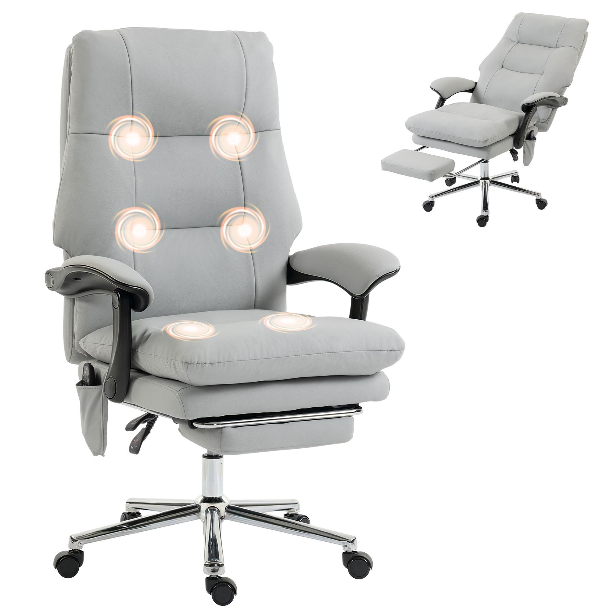 HOMCOM Massage Office Chair 6-Point Vibration Faux Leather, Light Gray