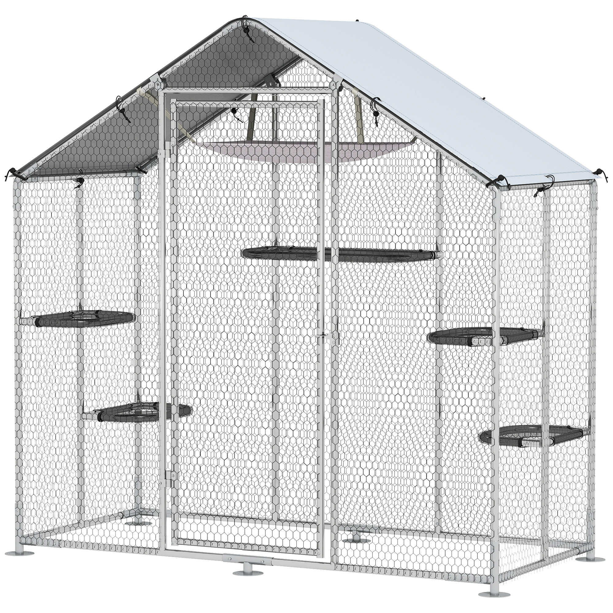 Spacious Catio Outside Feline Enclosure with Waterproof Cover, Walk-in Feline Patio w/ 5 Adjustable-Height Platforms & Hammock 79" W 1
