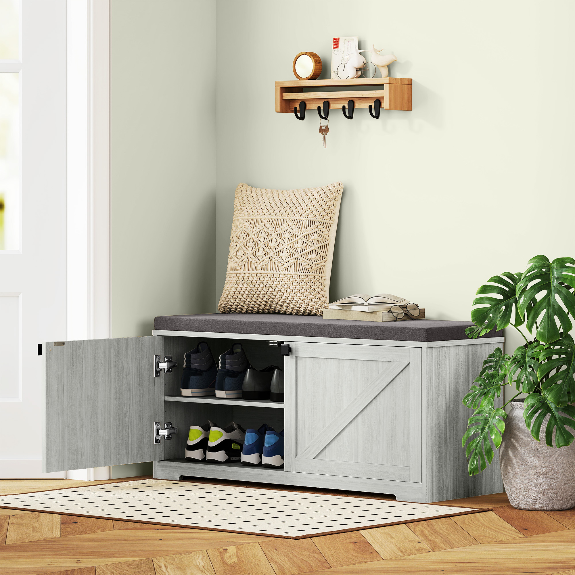 HOMCOM Shoe Storage Bench with Padded Seat, Entryway Bench Holds up to 352 lb, Shoe Organizer, 8 Pairs, Light Grey Aosom Canada