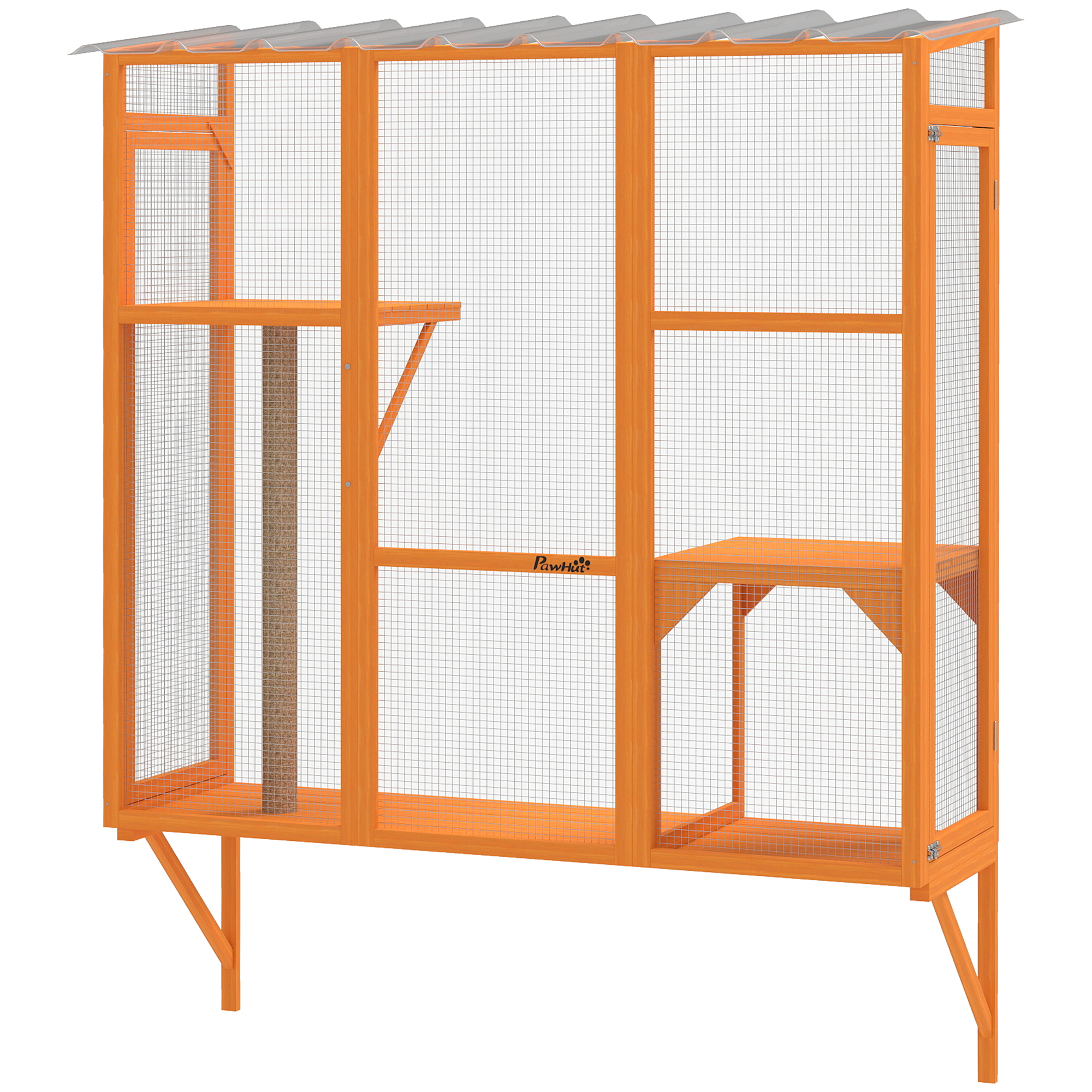 Feline Windowpane Container Enclosure for 2-3 Spacious Cats with 2 Jumping Platforms & Scratching Post, Wooden Catio Outside, Orange 1