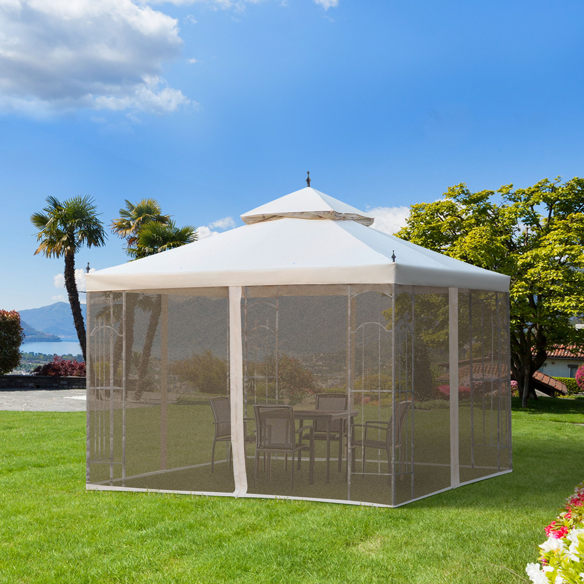 Outsunny 10' x 10' Gazebo with Removable Mesh Curtains and Display Shelves Metal Outdoor Gazebo for Patio Beige Aosom Canada