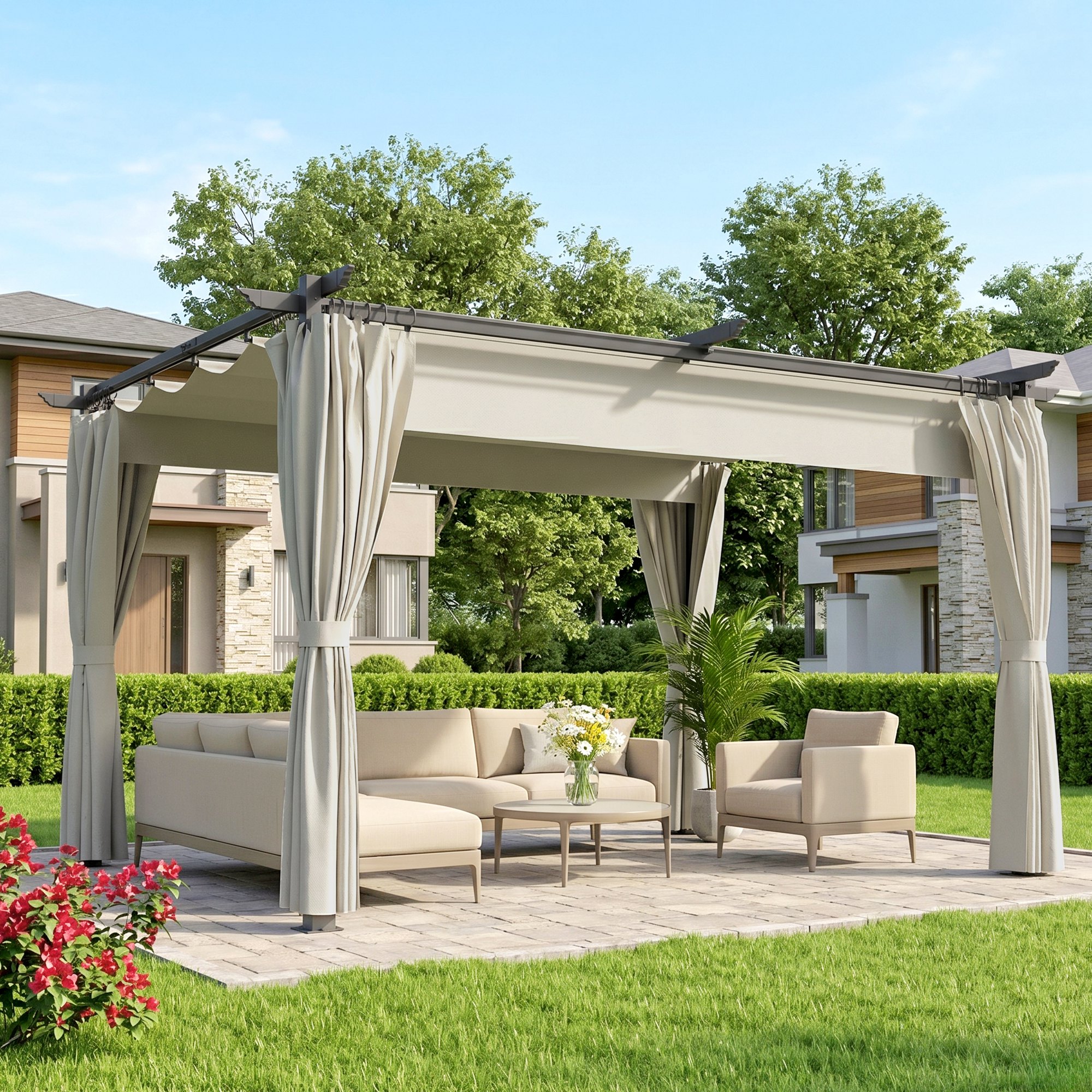 Outsunny 10' x 13' Pergola with Retractable Canopy and Curtains, UPF30+ Sun Shade Shelter for Grill, Garden, Backyard, Deck Aosom Canada