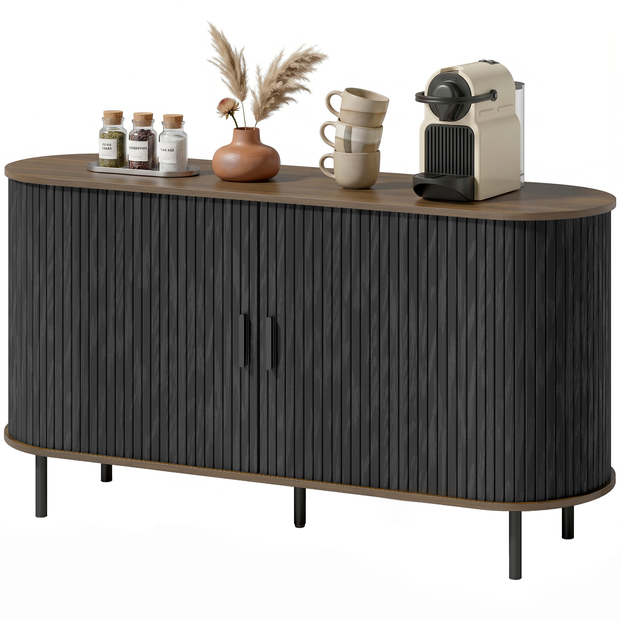 55" Mid Century Coffee Bar Organizer Unit with Sliding Doors and Adjustable-Height Shelves, Fluted Sideboard Buffet Organizer Unit, Black 1
