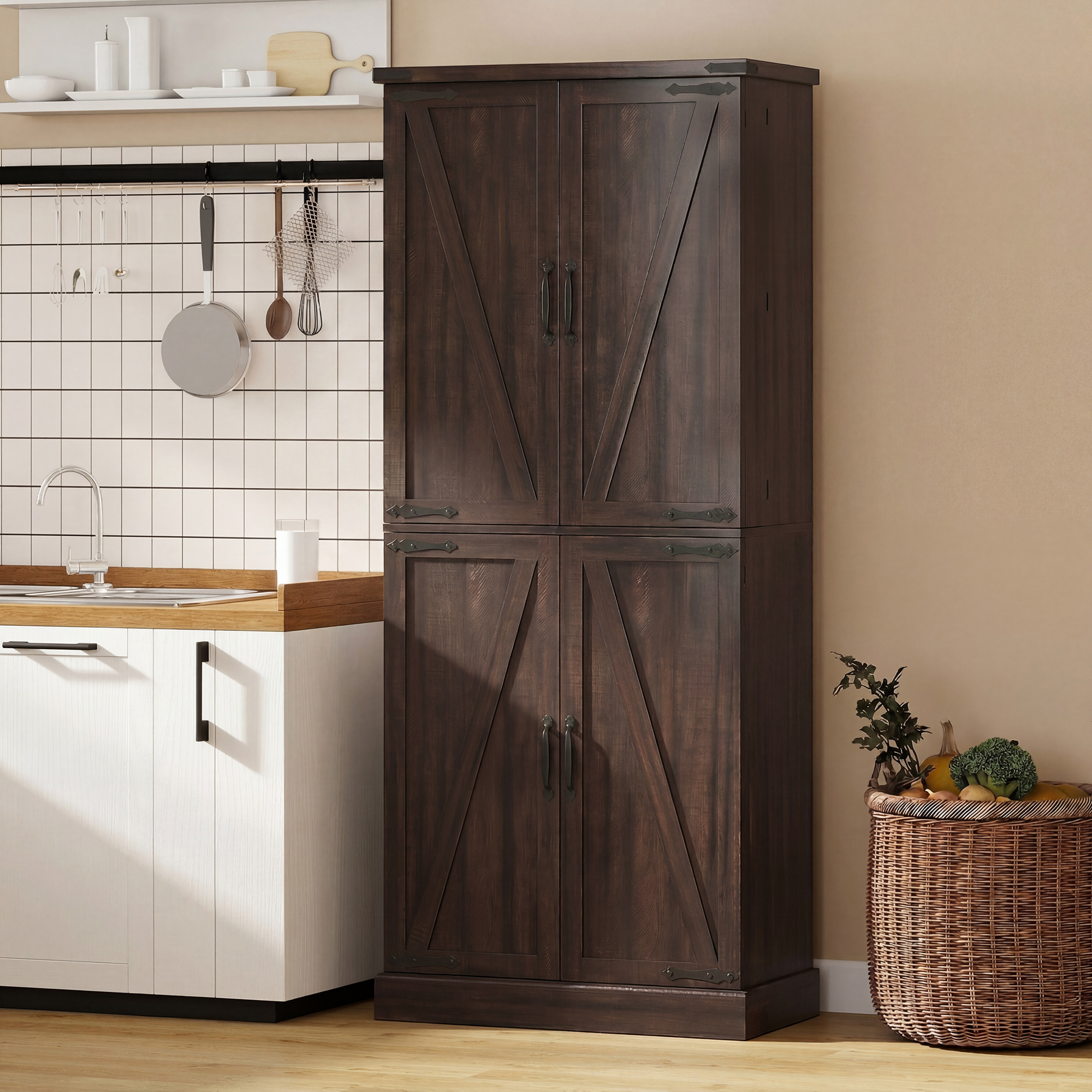 Farmhouse Organizer Organizer Unit with 8 Entry Racks and Adjustable-Height Shelves, 72" Tall Cooking Pantry Organizer Unit, Distressed Brown 2