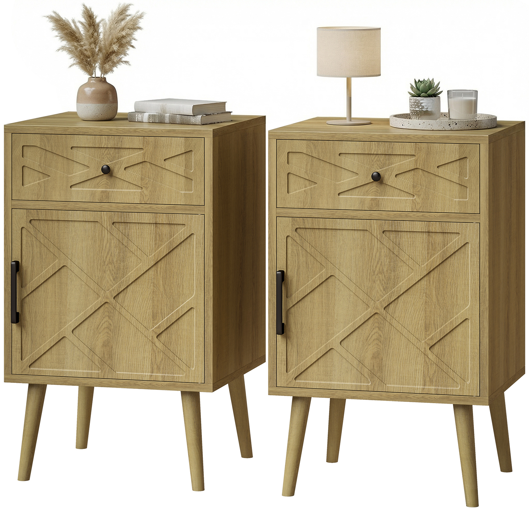 Bedside Surface Set with Organizer Drawer and Organizer Unit, Bedside Table Set of 2, Side End Surface with Organizer for Living Room, Oak 1