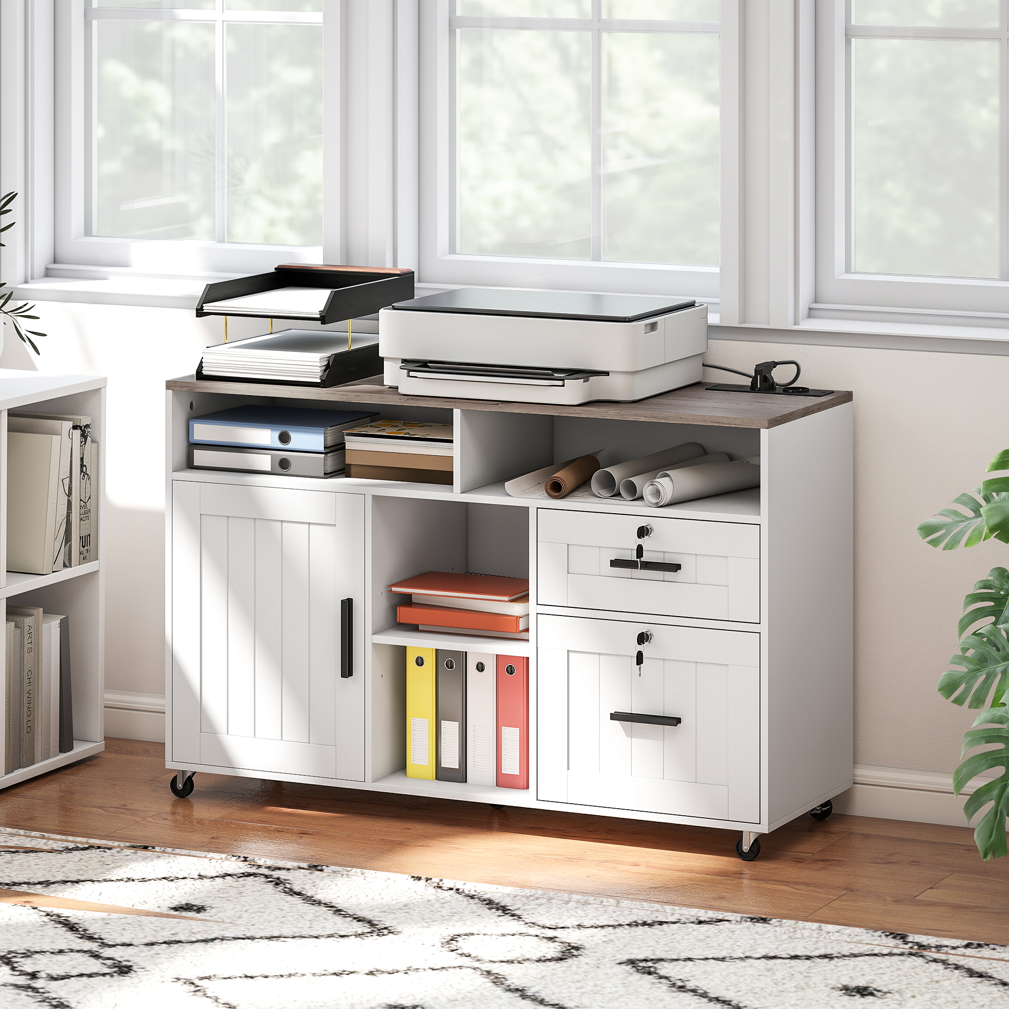 HOMCOM Mobile Printer Stand with Charging Station and USB Ports, Locking Filing Cabinet for A4 and Letter Size, White Aosom Canada